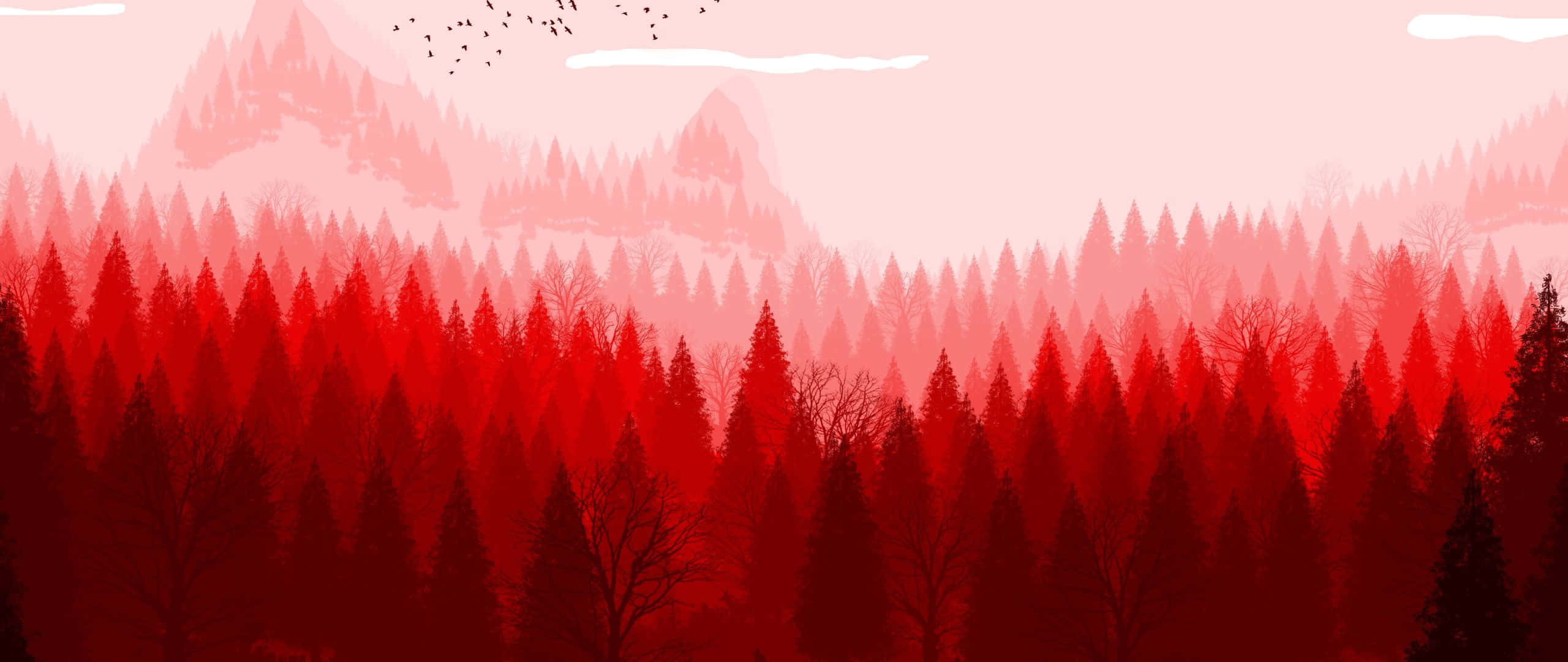 Red Aesthetic Forest, 2560x1080, pale pink sky, 2K Desktop Wallpaper