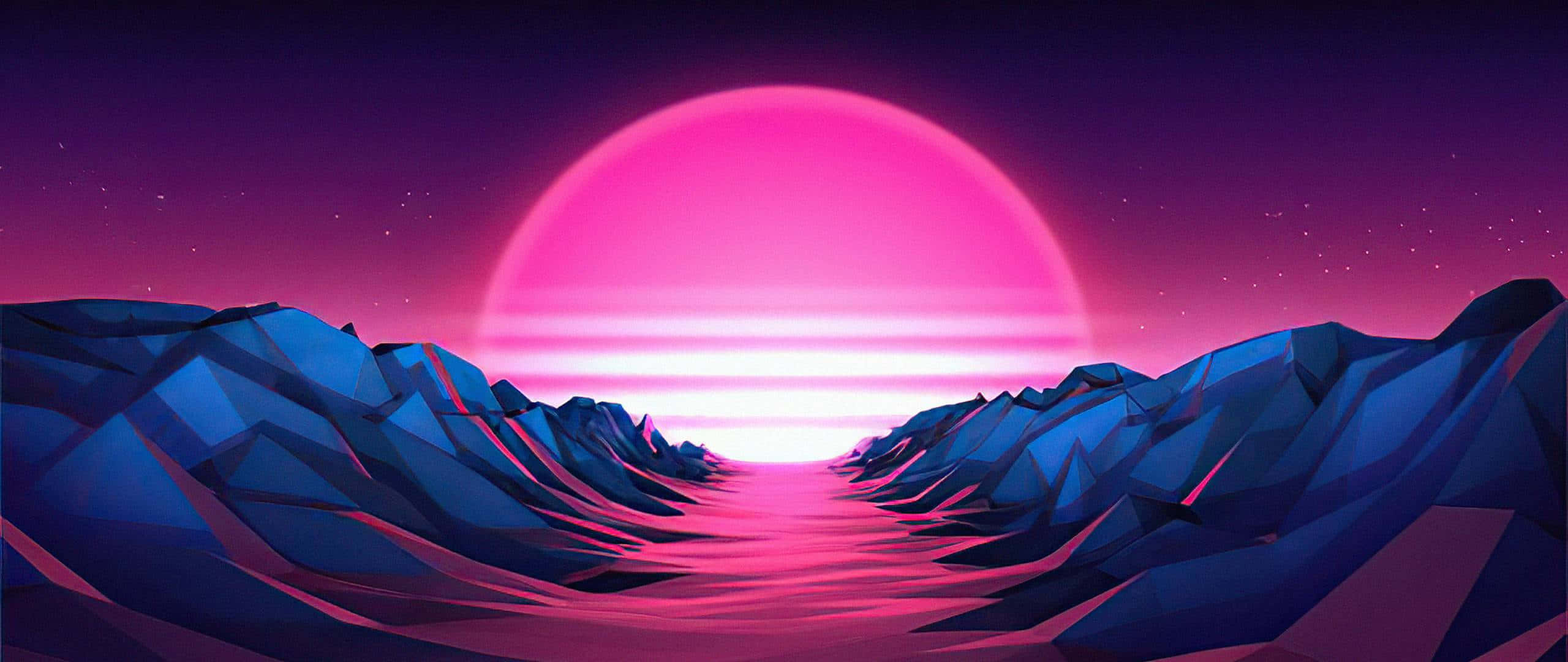 neon pink sunset, starry purple sky, low-poly mountain valley, 2K Desktop Wallpaper