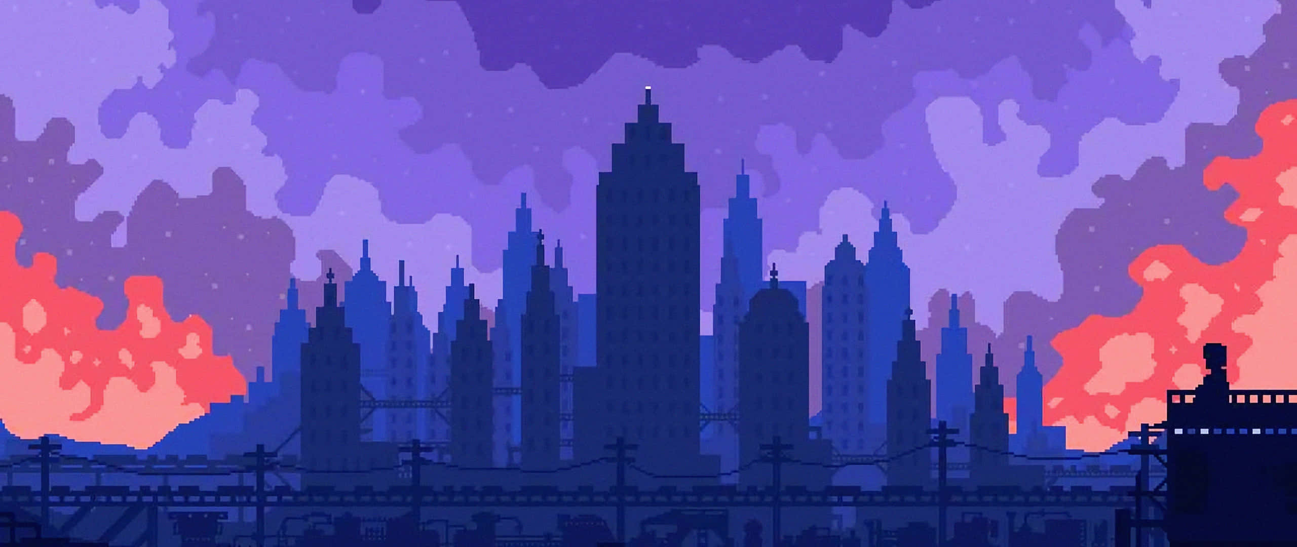 Purple and Blue Highlights, Pixel art city skyline, Dusk, 2K Desktop Wallpaper