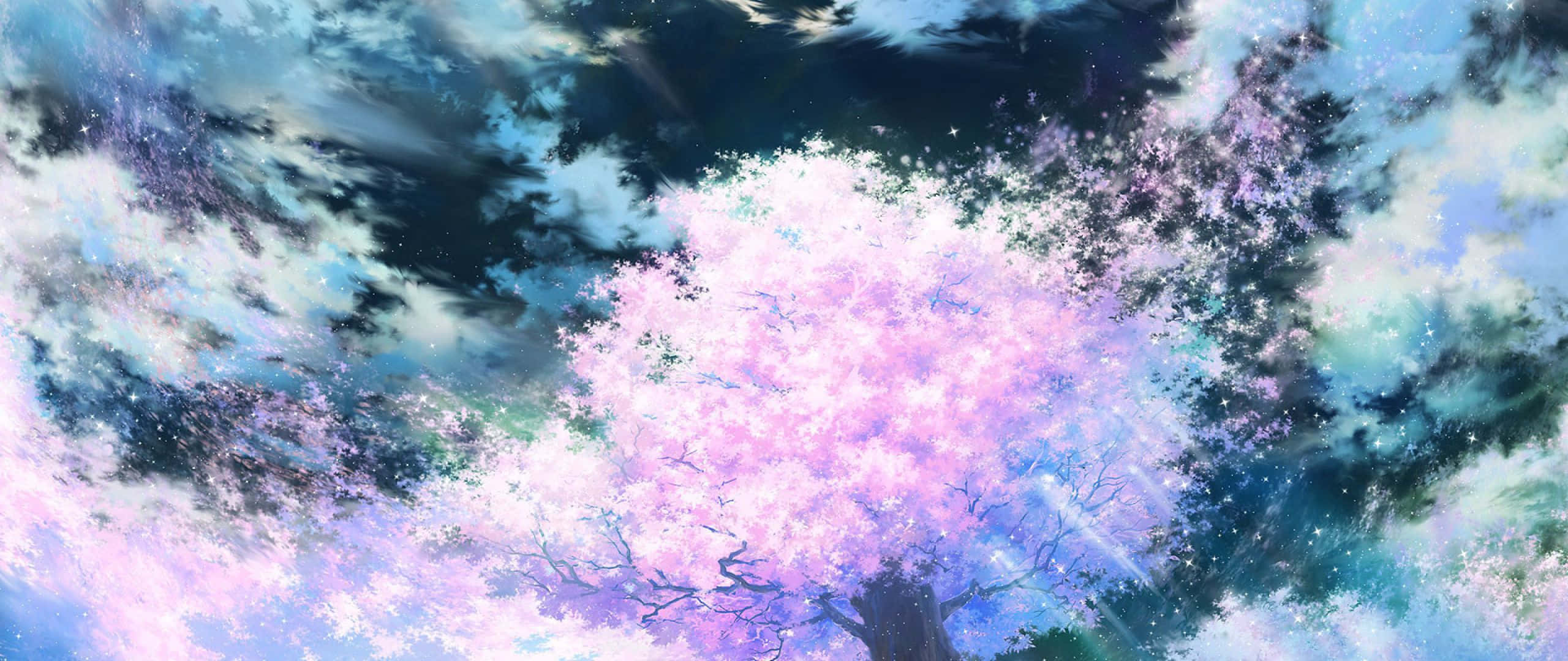 cherry blossom tree, vibrant pink, swirling cosmic sky, 2K Desktop Wallpaper