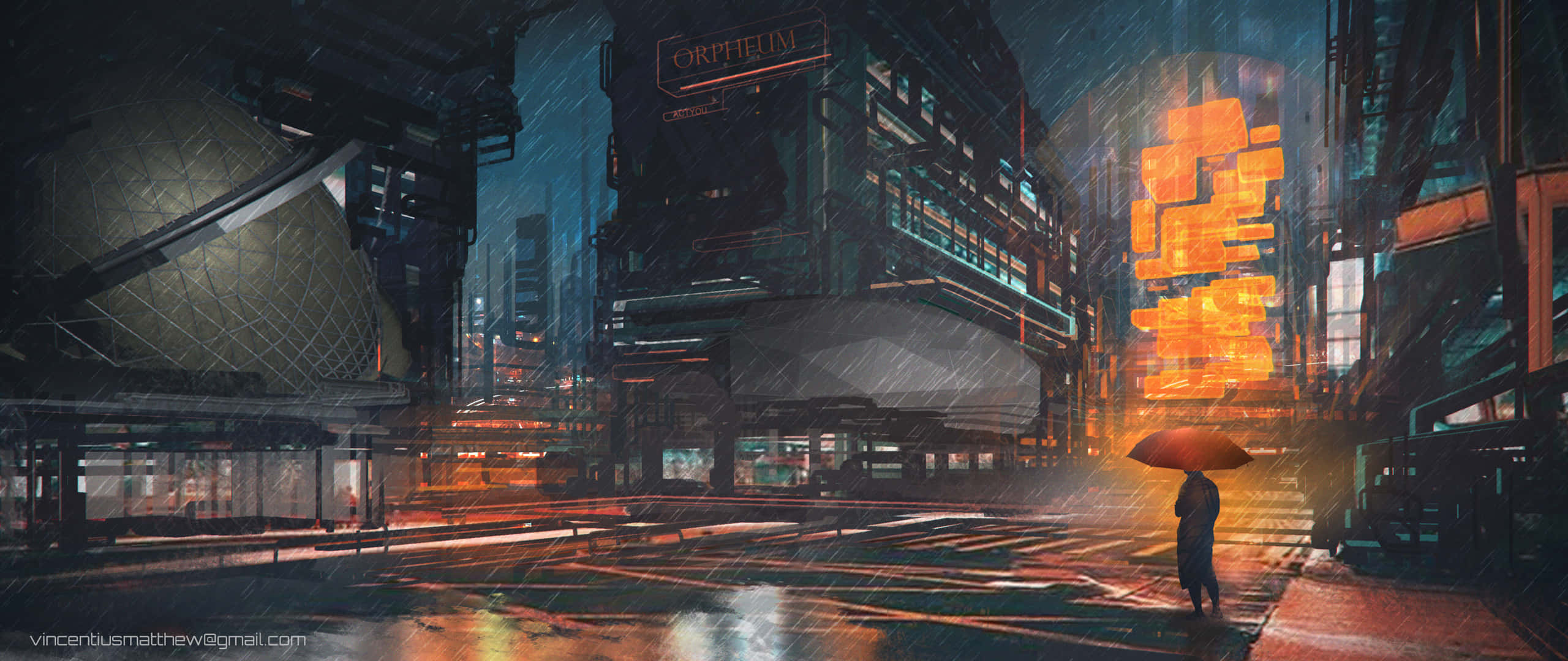neon-lit cyberpunk cityscape, rain-slicked, night, 2K Desktop Wallpaper