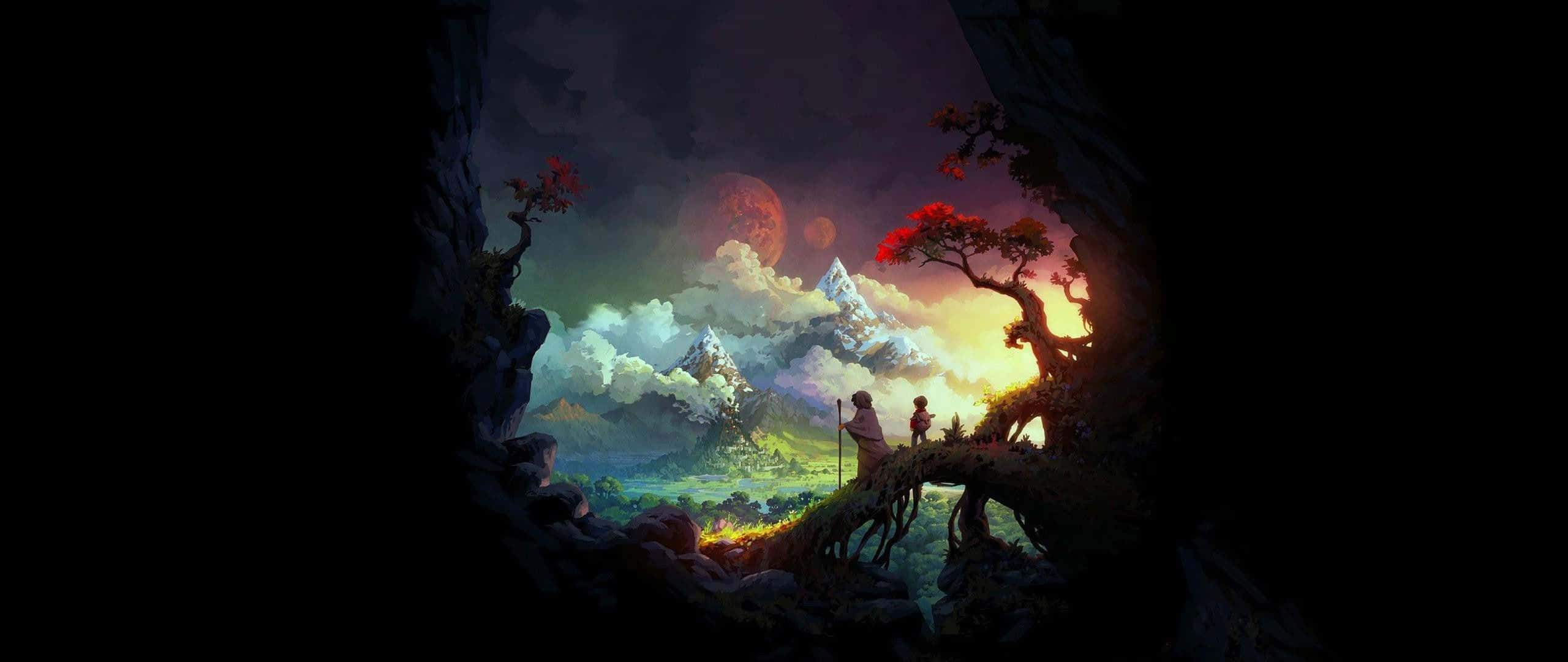 Mountain View From Cave, root bridge, dark cave, 2K Desktop Wallpaper