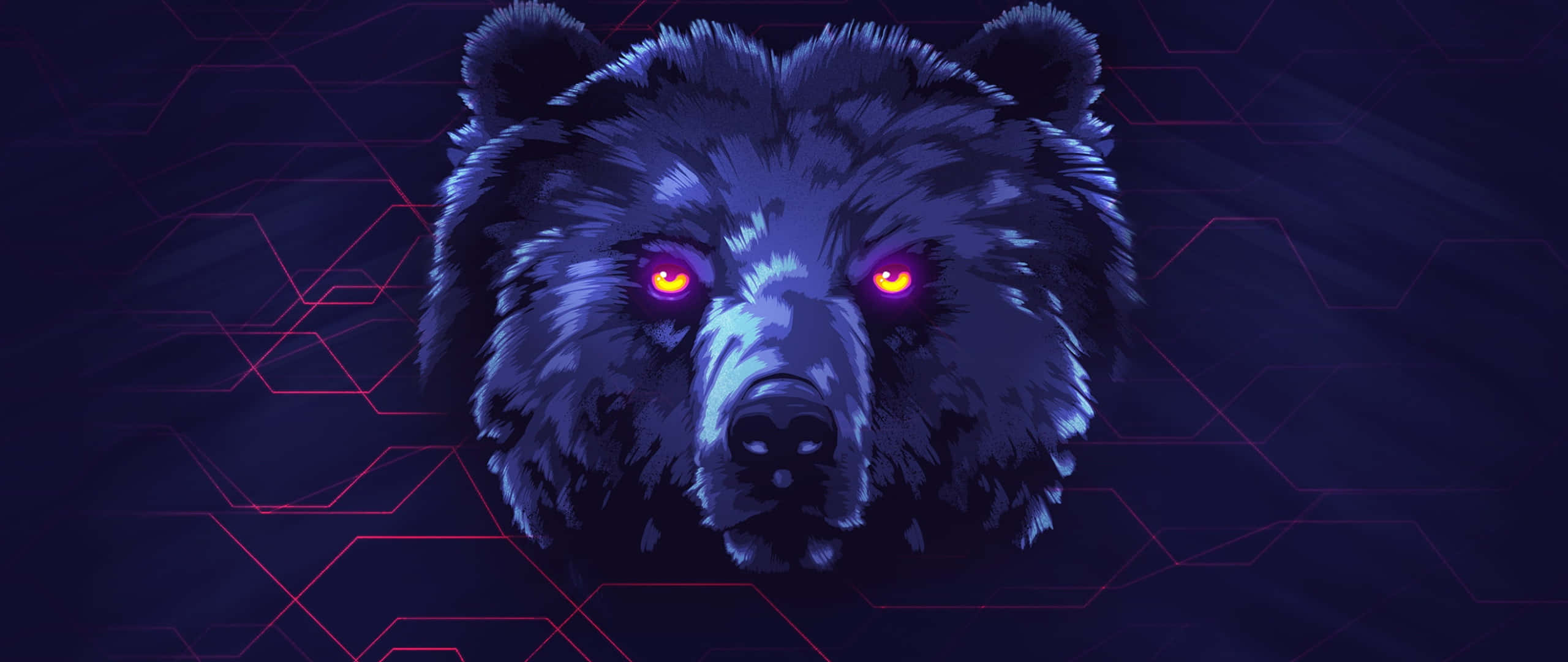 cyberpunk bear, glowing purple eyes, dark blue background, 2K Desktop Wallpaper