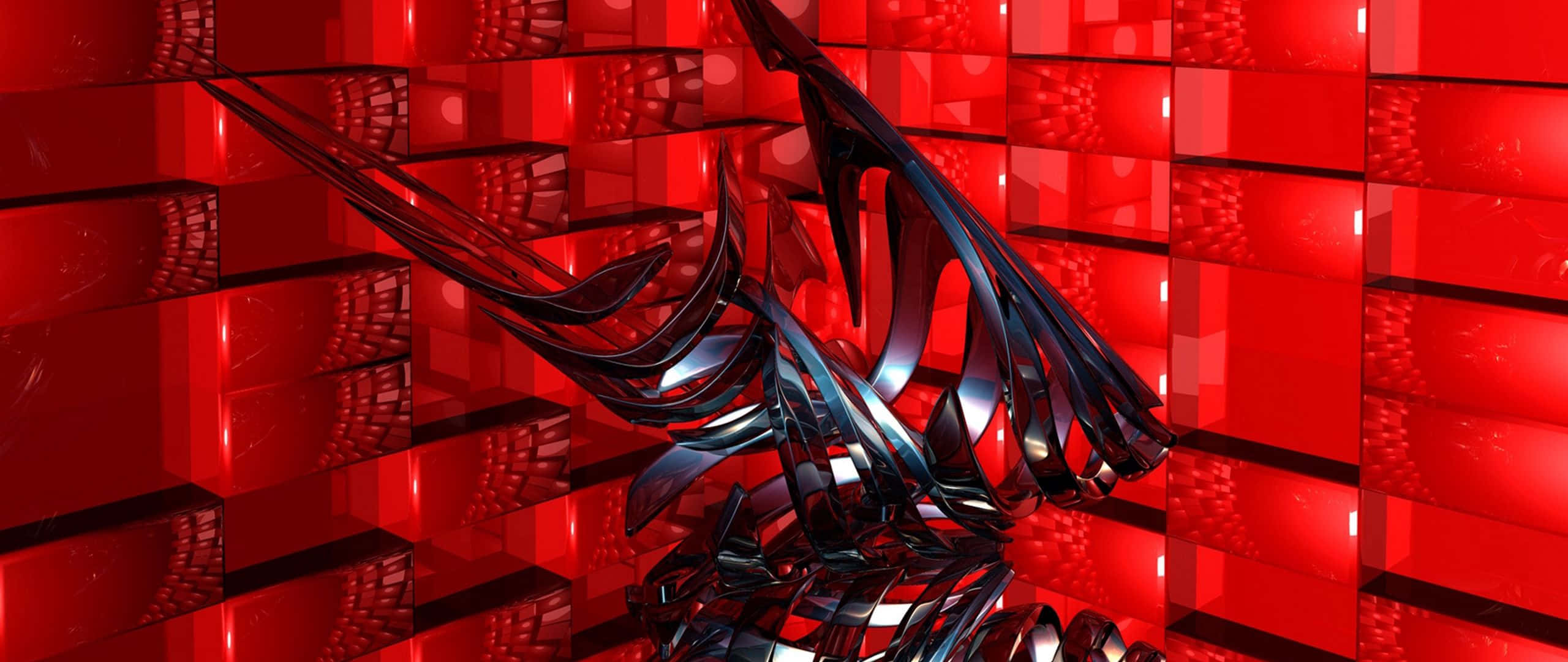 Red Abstract Art, 2560x1080, sleek black metallic sculpture, 2K Desktop Wallpaper