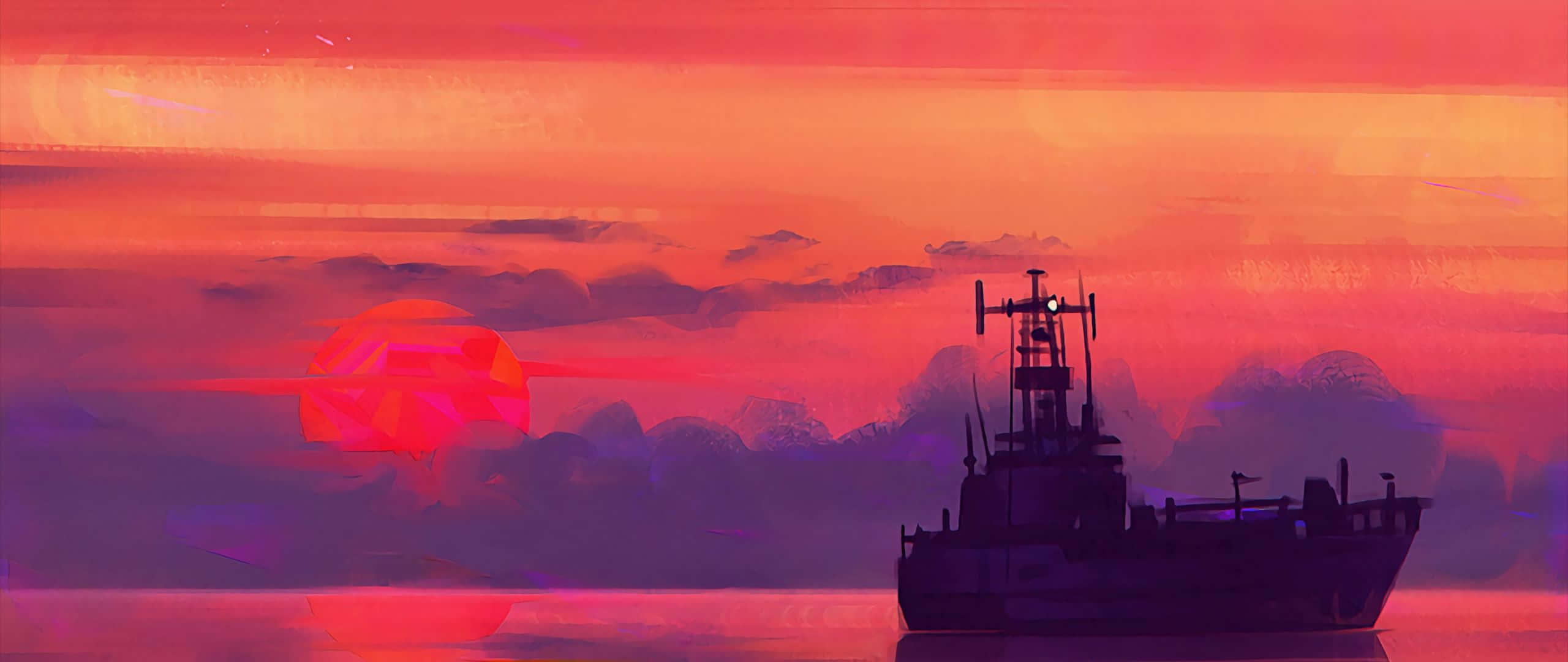 Boat, Sunset, Calm waters, 2K Desktop Wallpaper