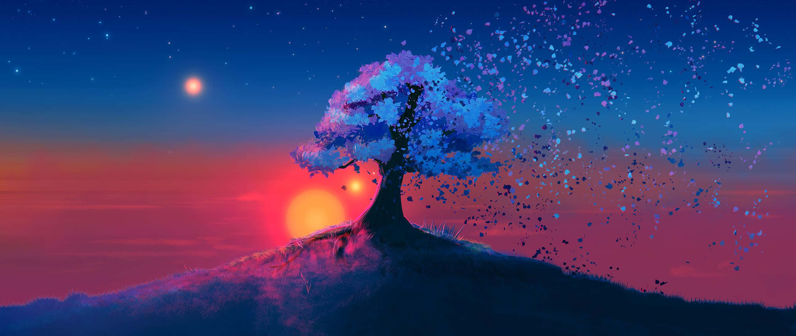Abstract Artwork, purple petals, twilight sky, 2K Desktop Wallpaper