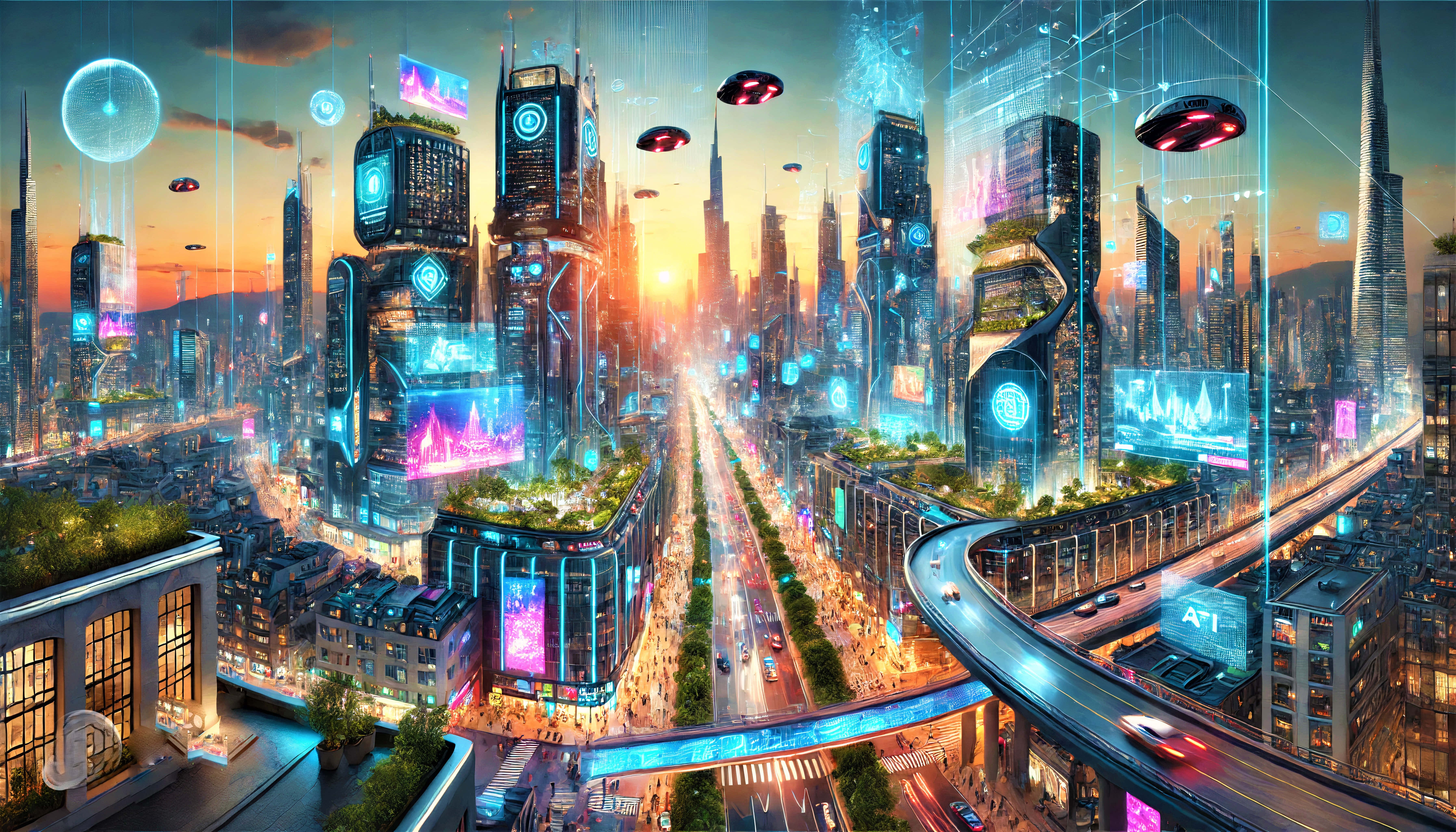 futuristic cityscape, sunset, glowing skyscrapers, 5K Desktop Wallpaper