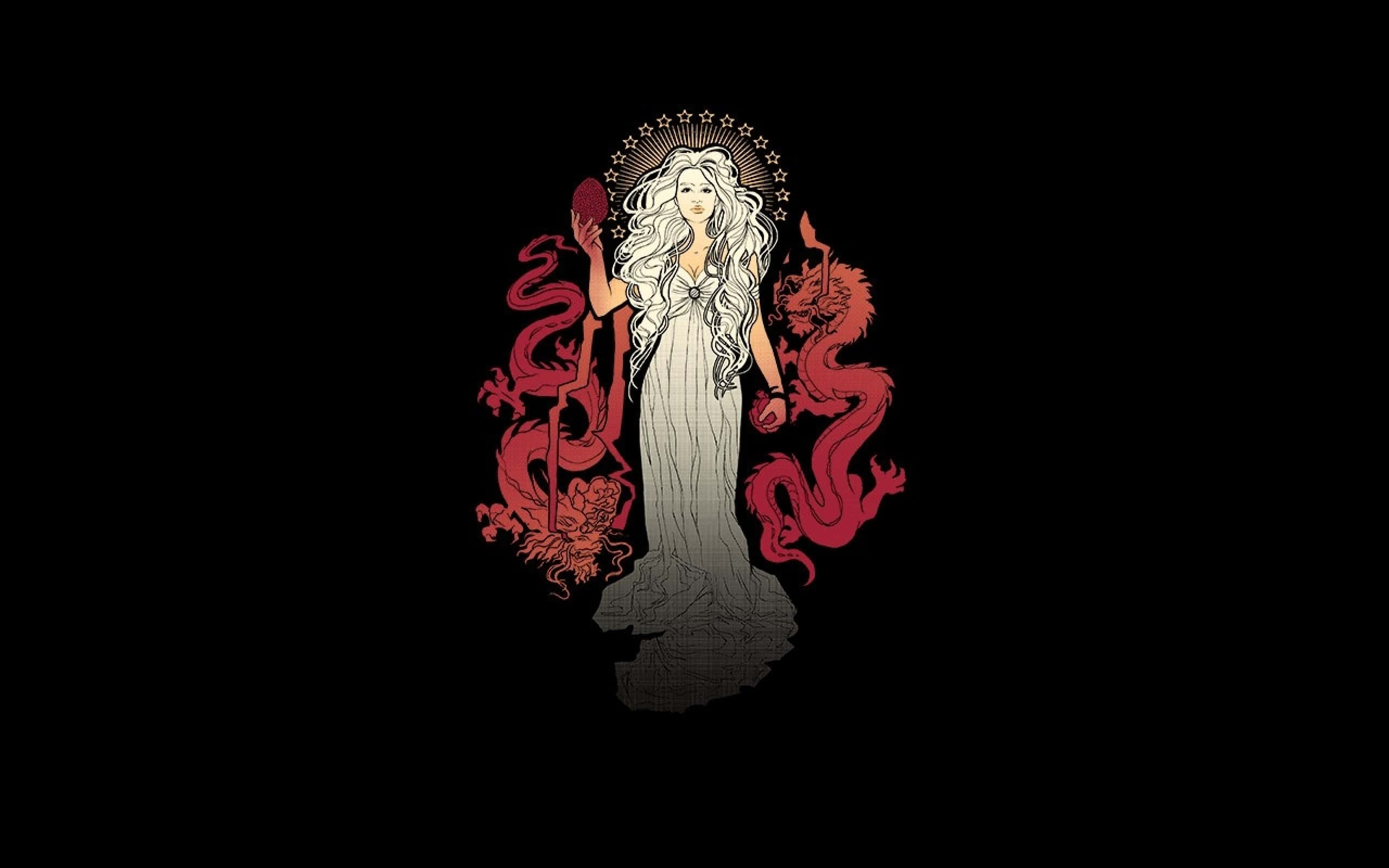 art deco computer, white-robed woman, long hair, 2K Desktop Wallpaper