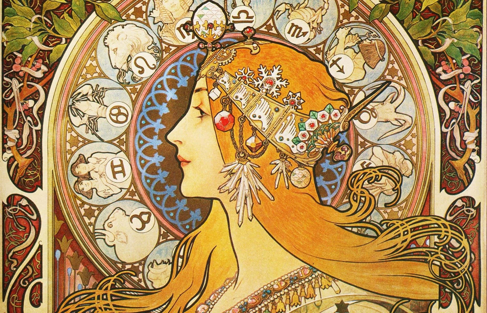 Art Deco computer, golden-haired woman, ornate headwear, Full HD Desktop Wallpaper