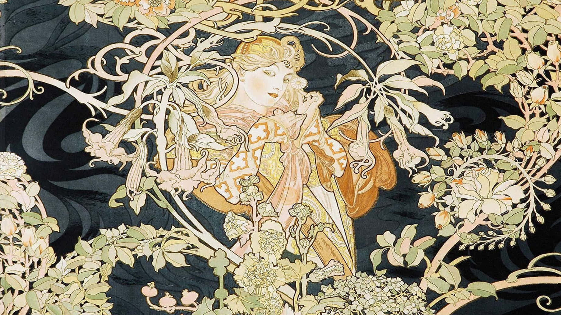 Art Deco Computer, golden robes, flowing vines, HD Desktop Wallpaper