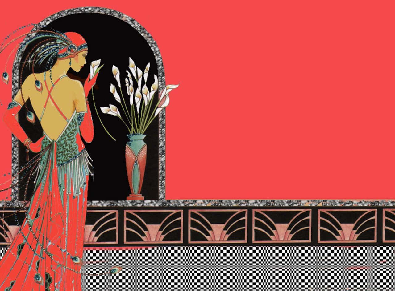 Art Deco, red gown, white calla lilies, HD Desktop Wallpaper