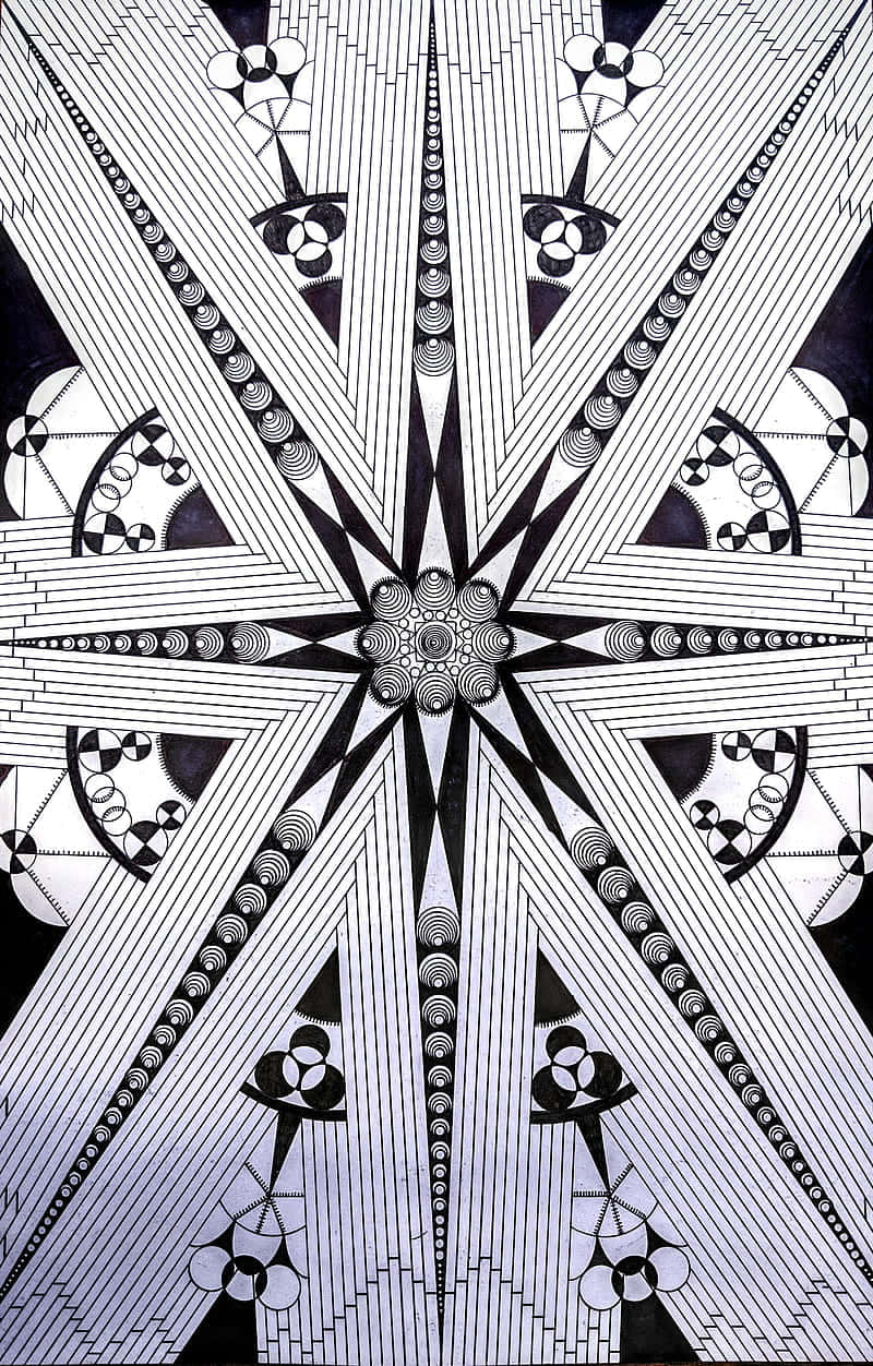 Art Deco iPhone, black and white geometric pattern, central floral motif, SD Phone Wallpaper