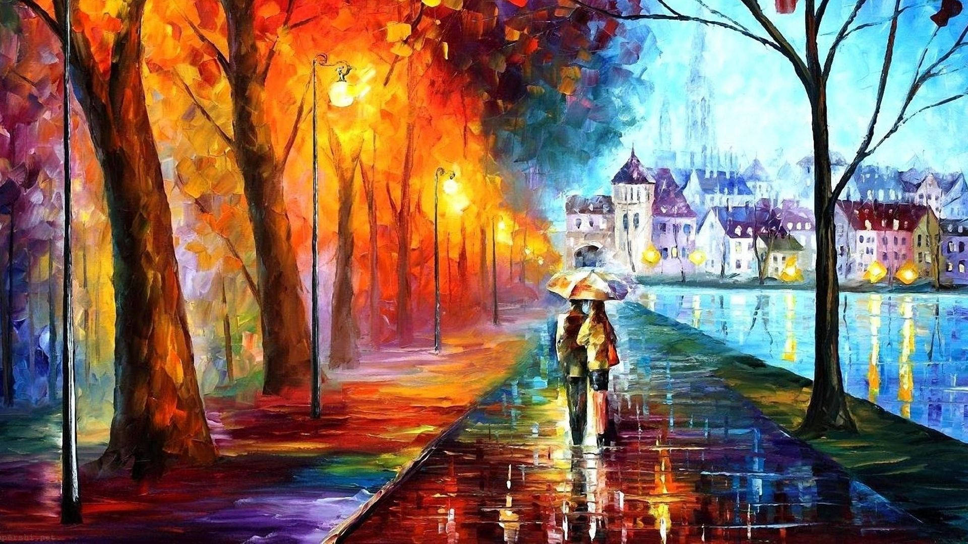 umbrella, rain-slicked path, autumn trees, Full HD Desktop Wallpaper