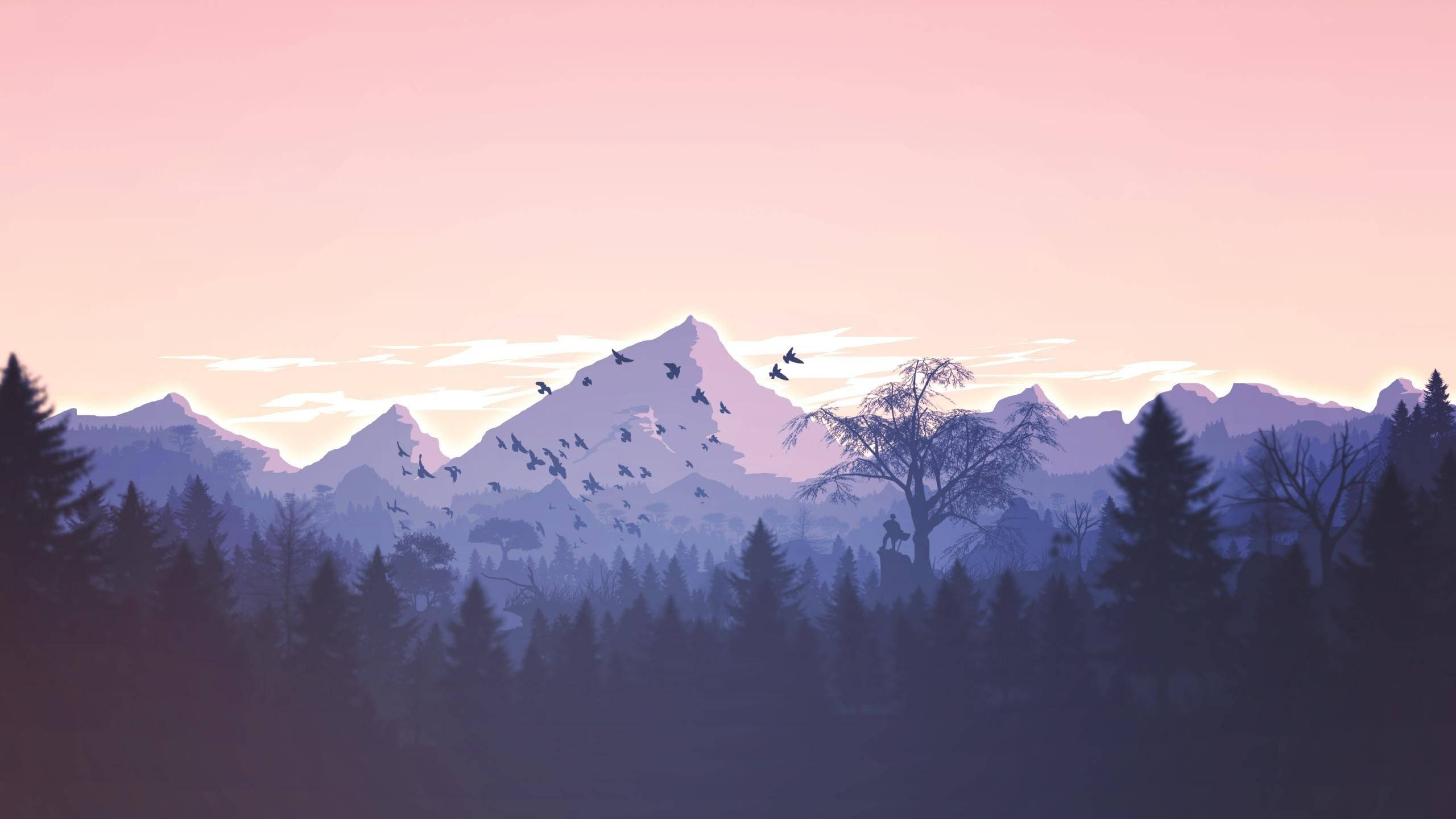 mountains, forest, soft pink sunset sky, 2K Desktop Wallpaper