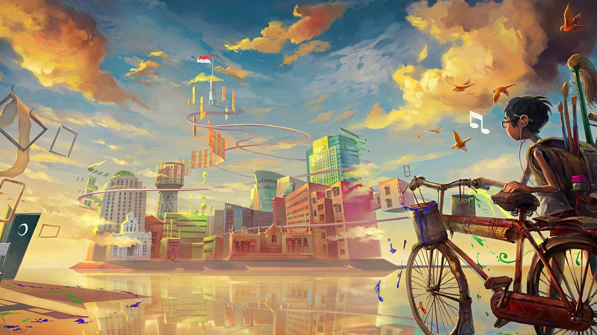 surreal cityscape, floating buildings, vibrant orange clouds, Full HD Desktop Wallpaper