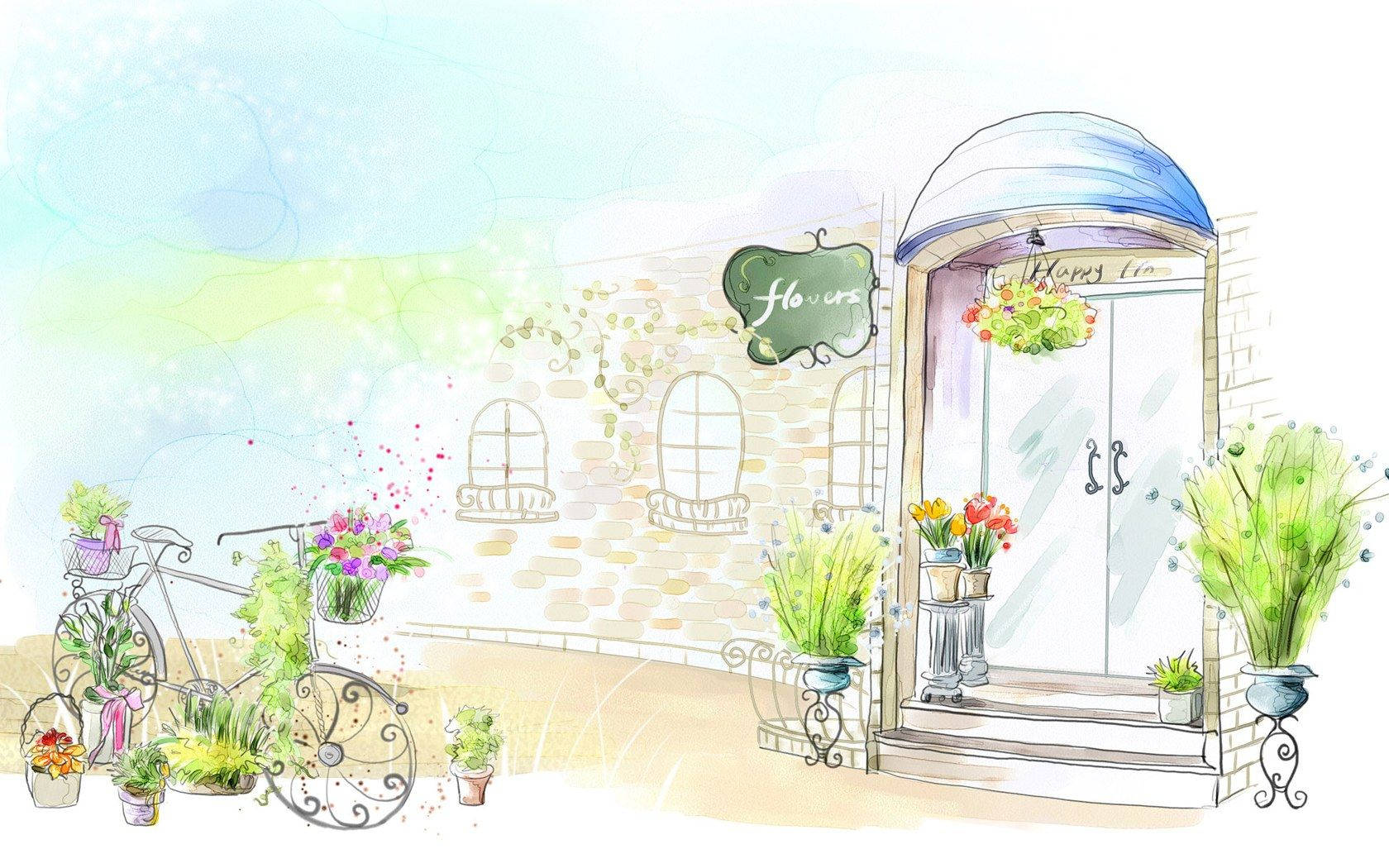 flower shop, watercolor illustration, vintage bicycle, HD Desktop Wallpaper