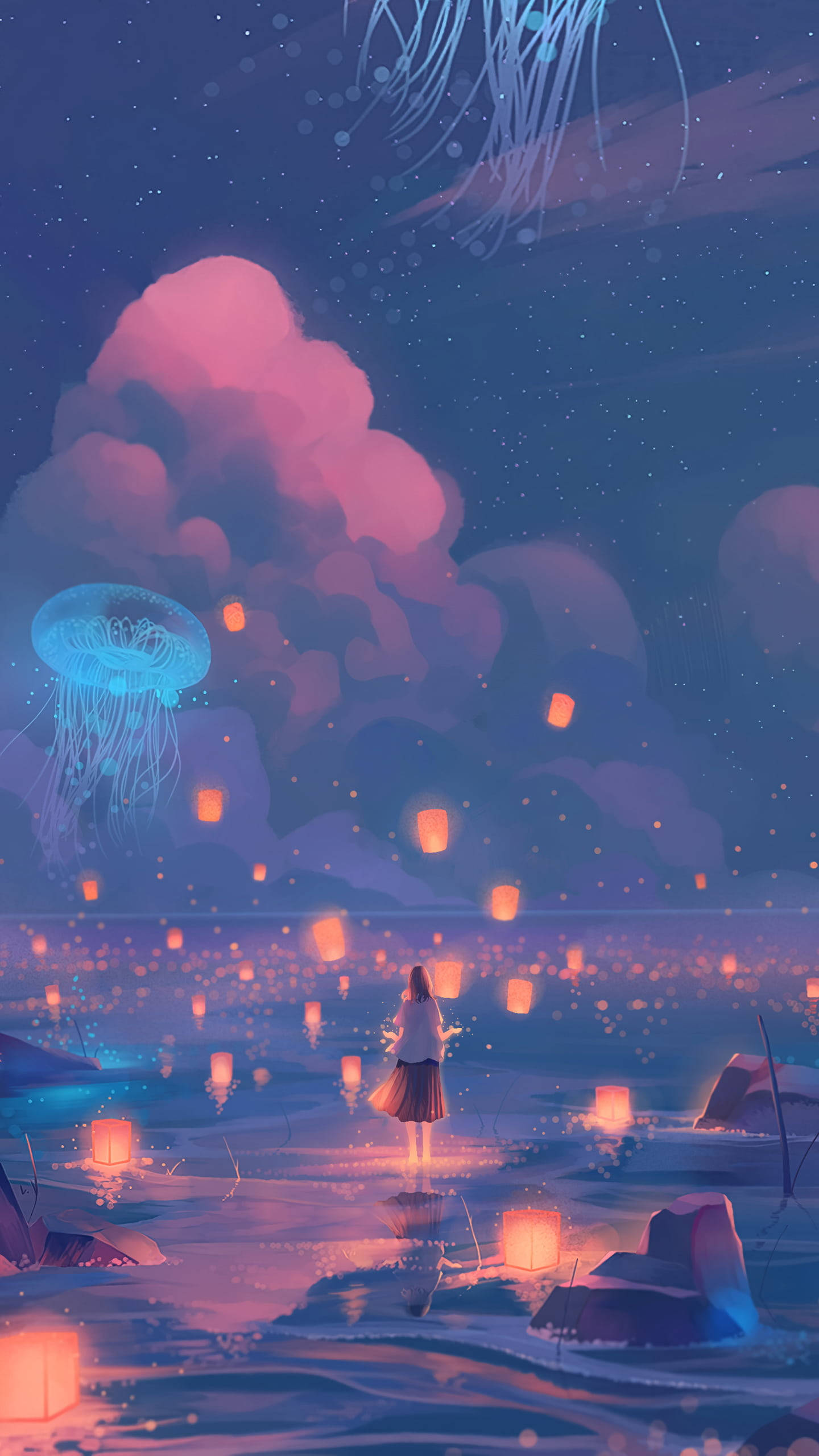 glowing lanterns, giant jellyfish, starry sky, 2K Phone Wallpaper