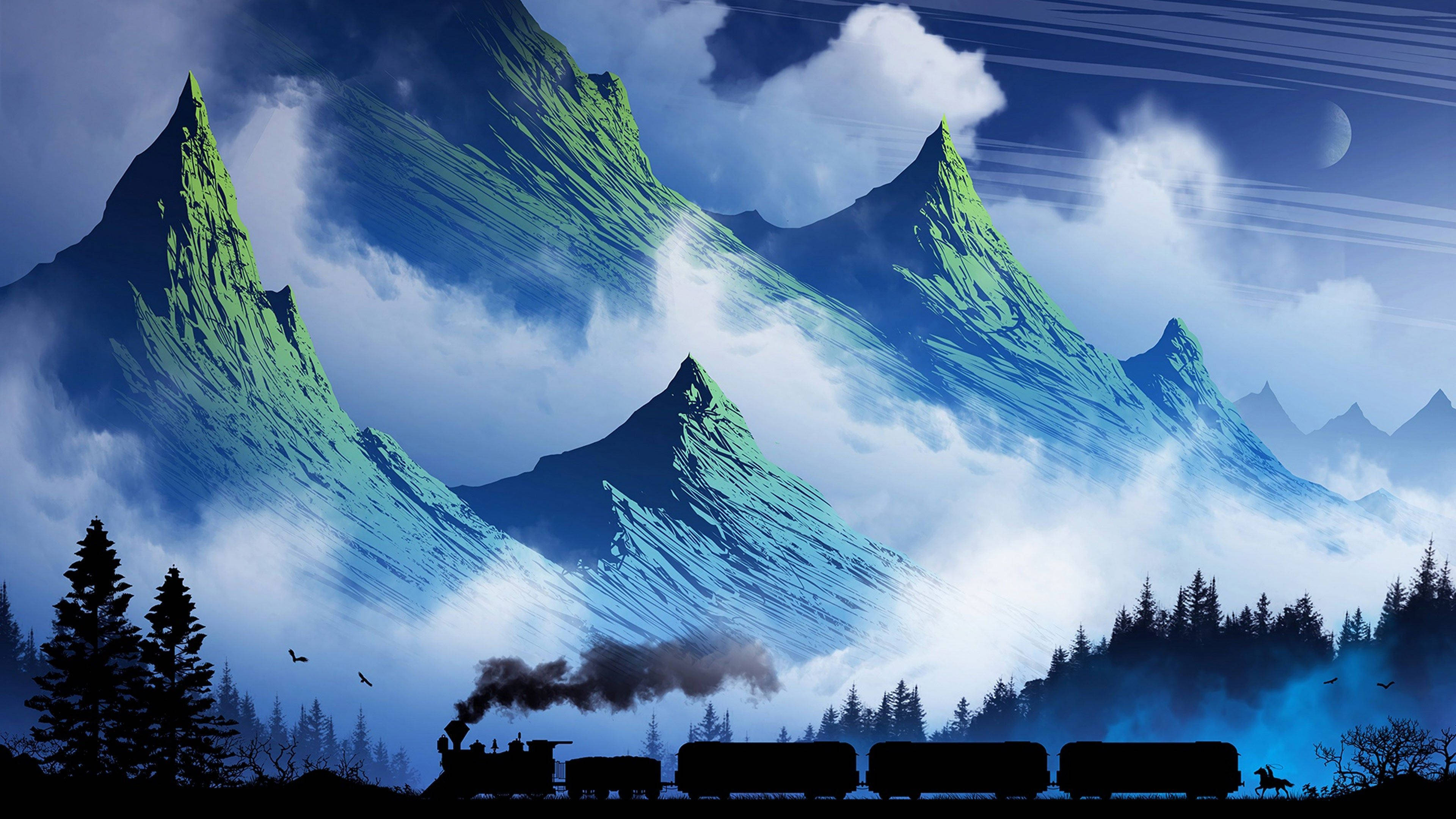 steam train, misty forest, dusk, 4K Desktop Wallpaper
