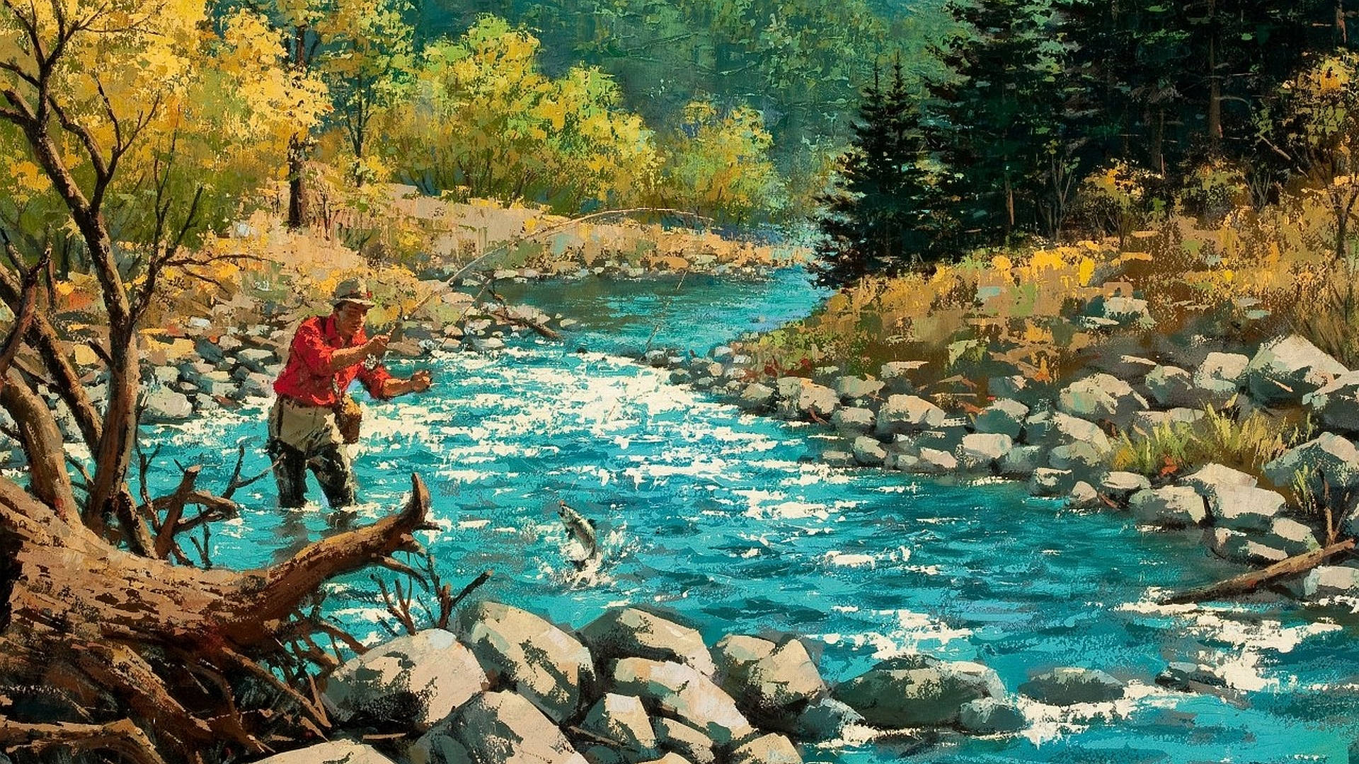 man fishing, red shirt, sparkling turquoise river, Full HD Desktop Wallpaper