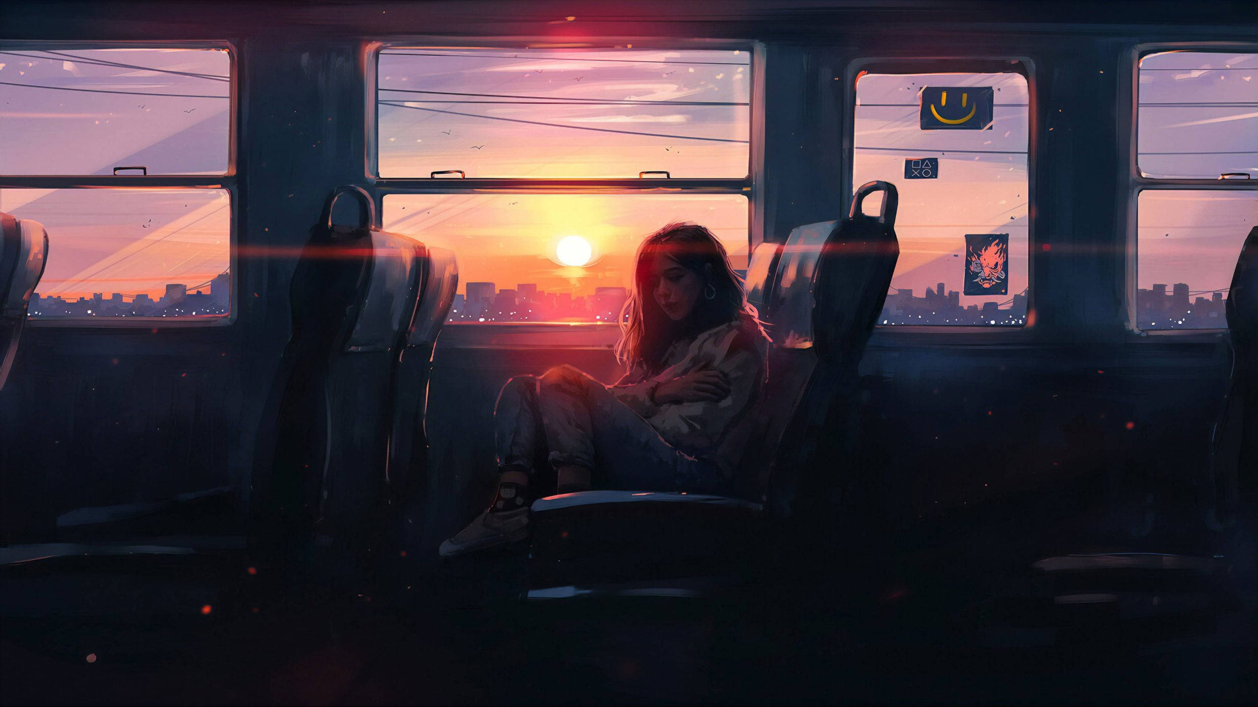 woman, train, subway car, 2K Desktop Wallpaper