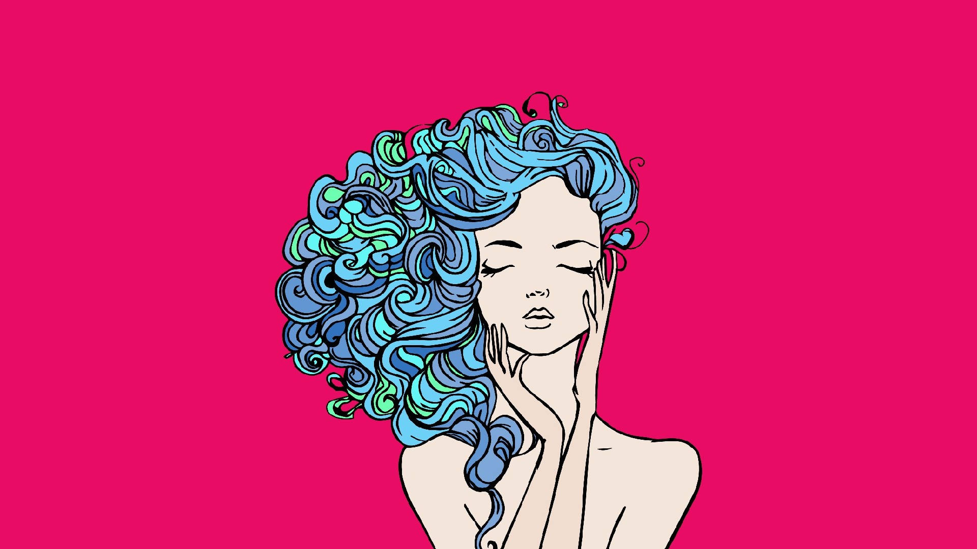 blue hair, green curly hair, bold pink background, Full HD Desktop Wallpaper