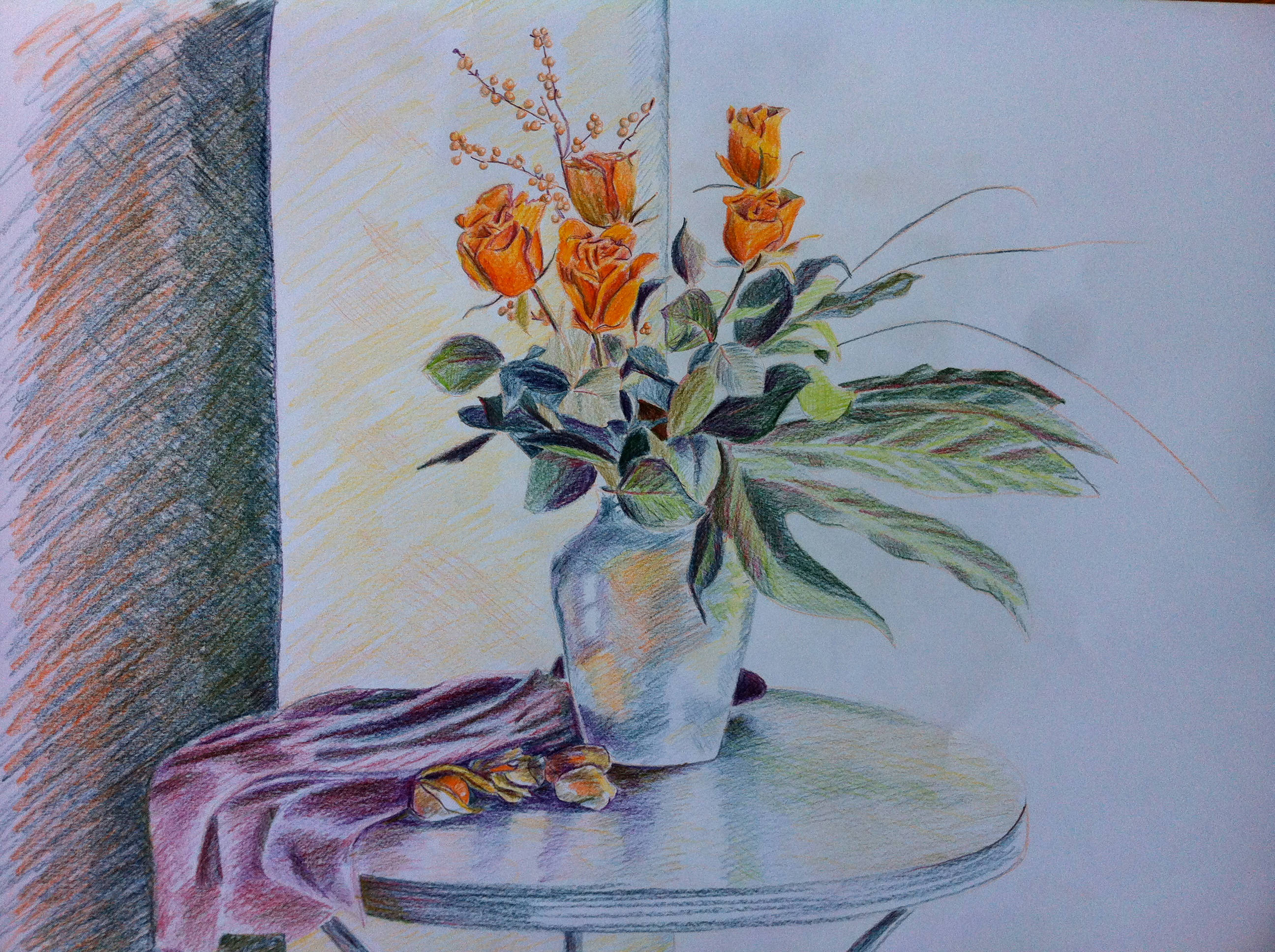 orange rose bouquet, silver vase, round table, 2K Desktop Wallpaper
