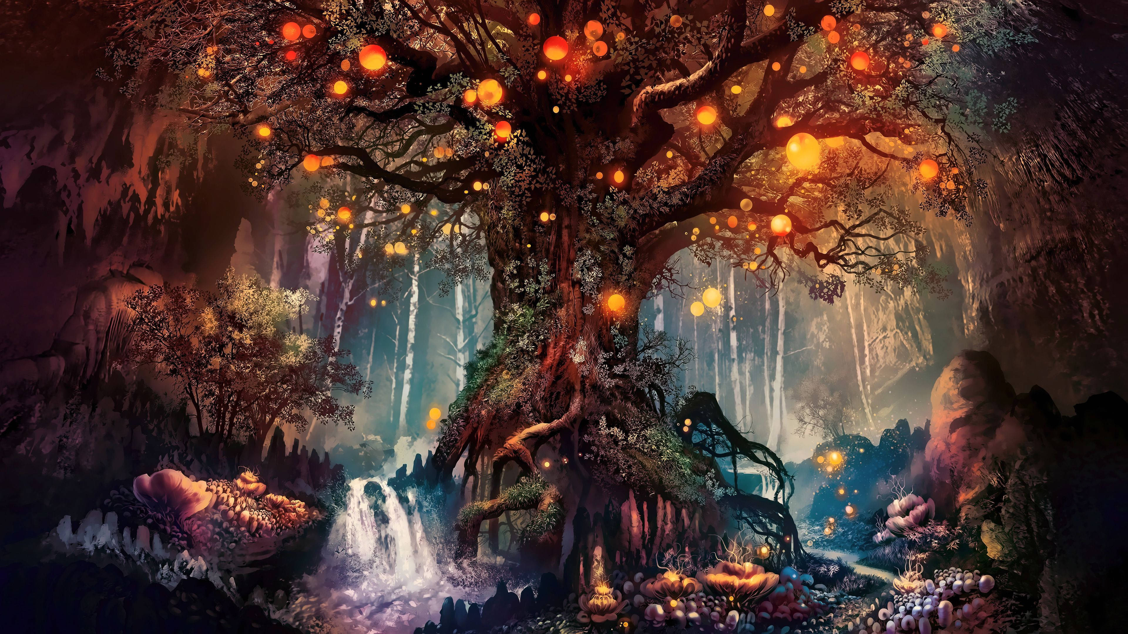 magical trees, ancient tree, glowing orange orbs, 4K Desktop Wallpaper