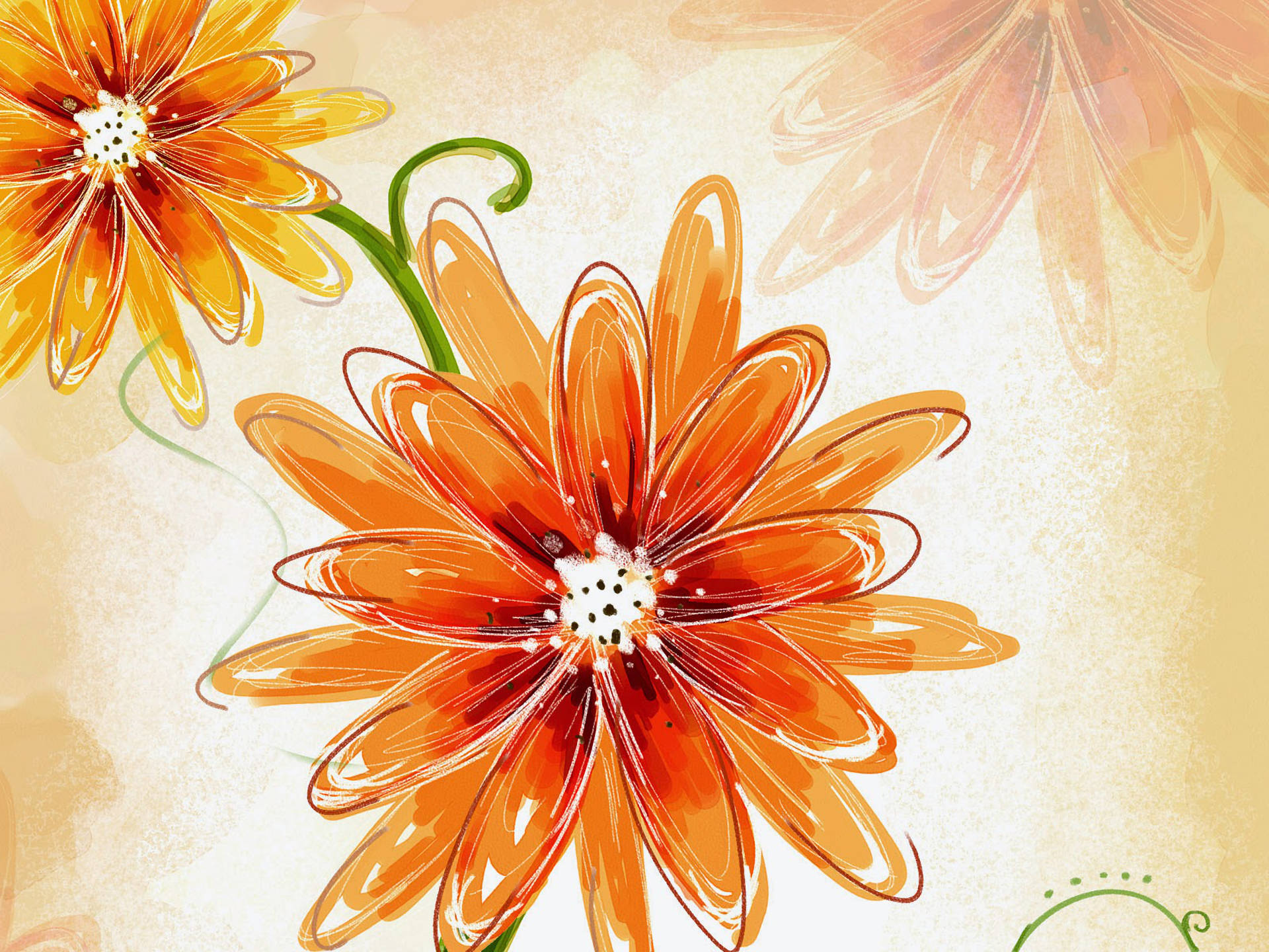 orange daisies, delicate brushstrokes, warm textured beige background, Full HD Desktop Wallpaper