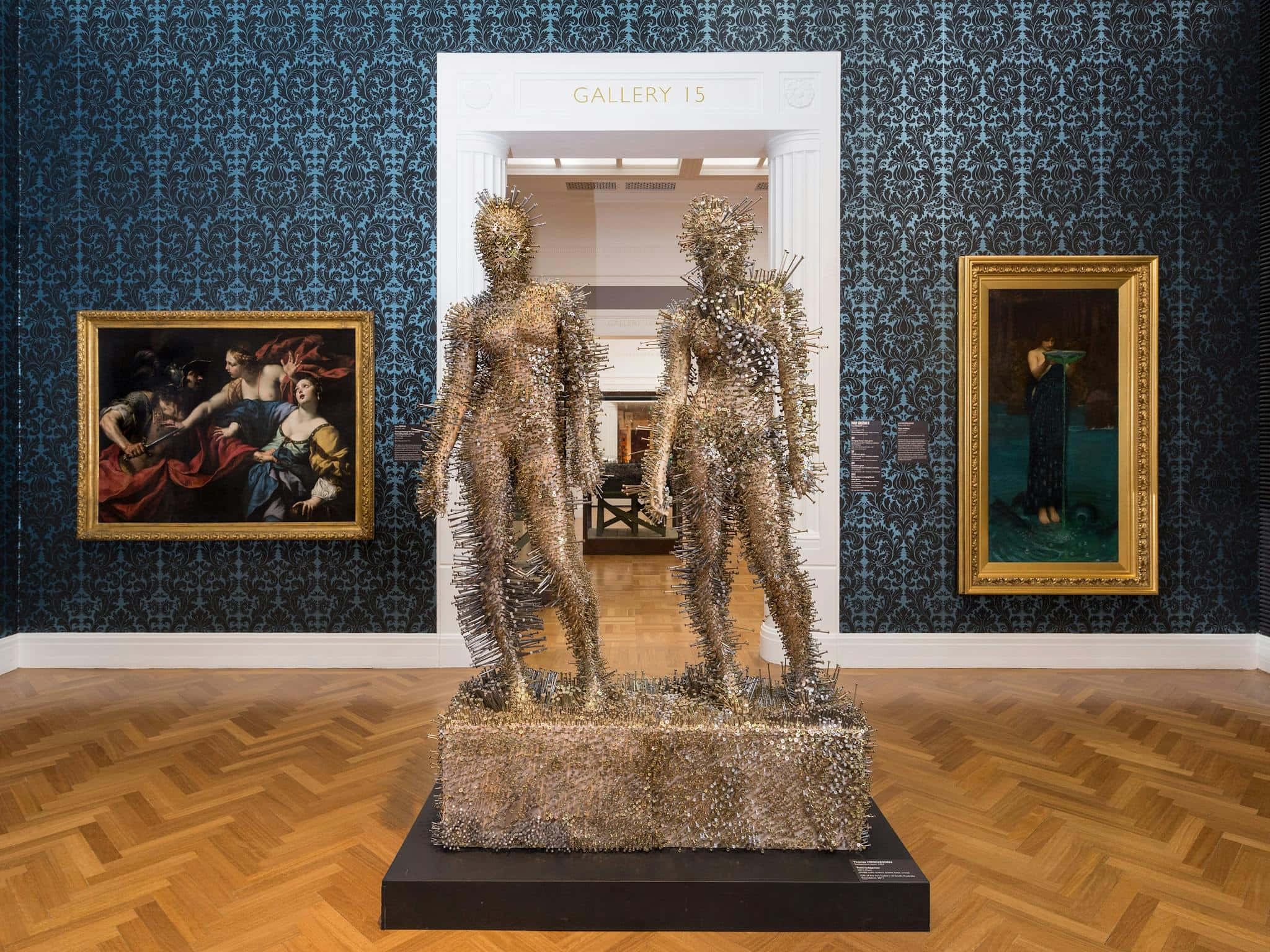 Art Gallery, shimmering wire sculptures, human figures, Full HD Desktop Wallpaper