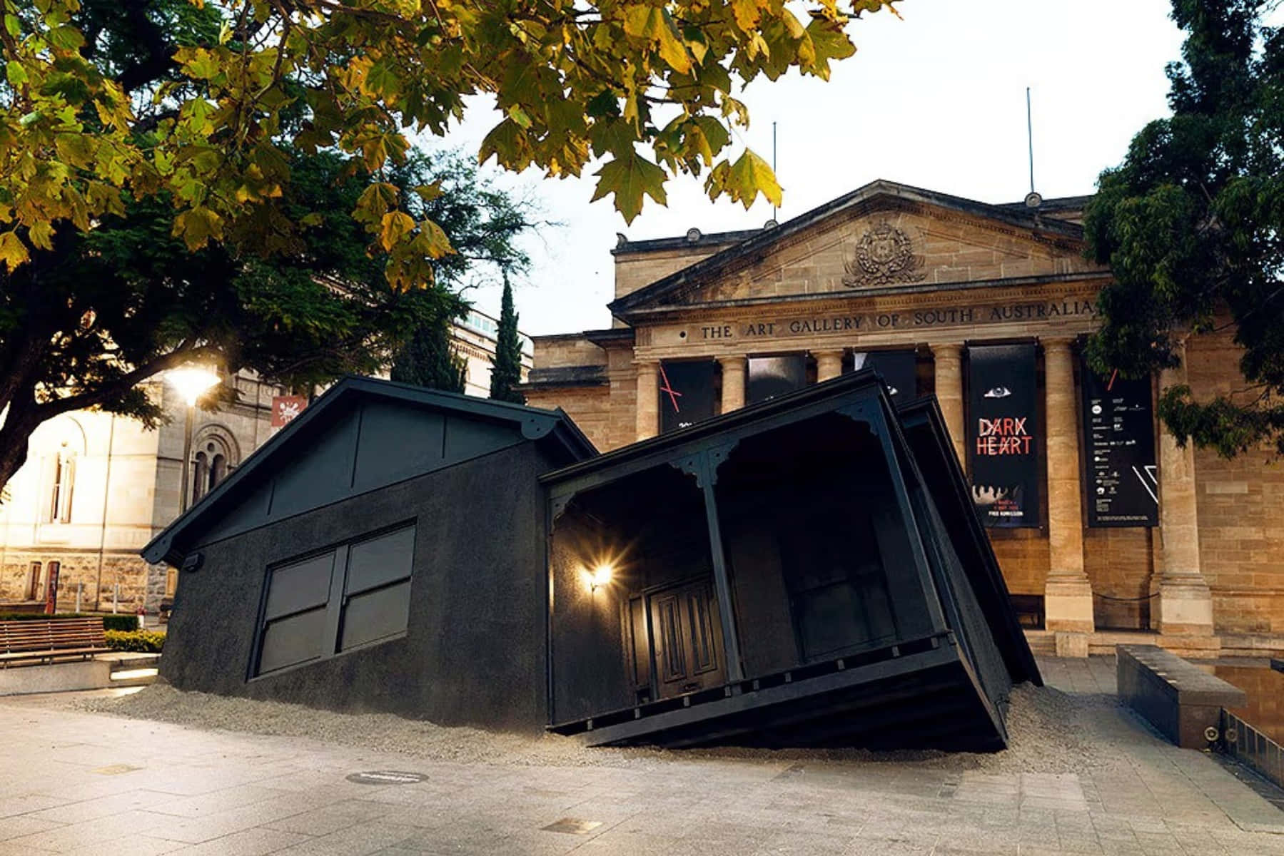 Art Gallery of South Australia, black house sculpture, golden autumn leaves, HD Desktop Wallpaper