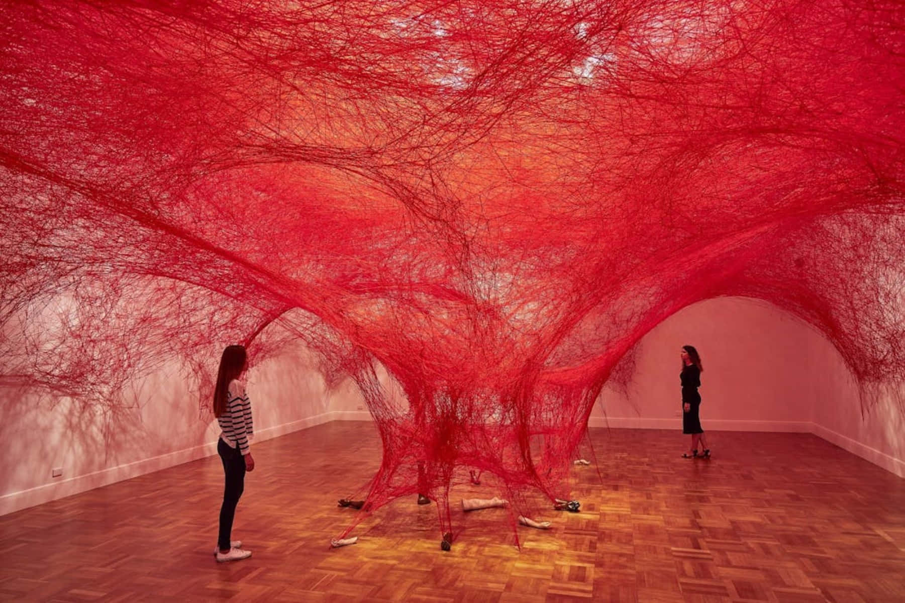 red fiber art installation, A G S A, crimson thread installation, HD Desktop Wallpaper