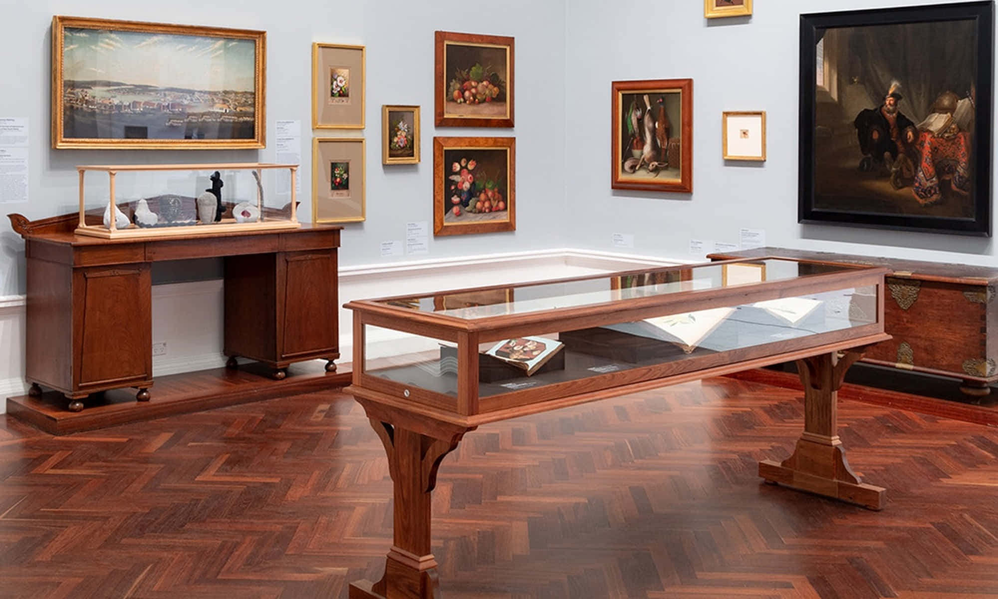 Art Gallery Of South Australia, wooden display cases, framed paintings, Full HD Desktop Wallpaper