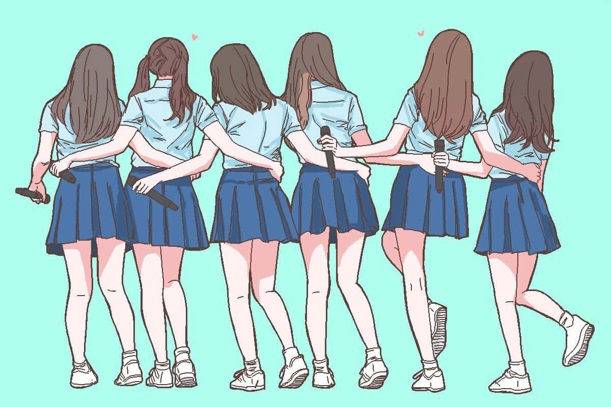school uniforms, microphones, soft teal background, SD Desktop Wallpaper