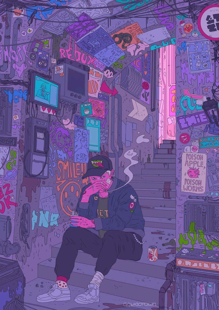 pink-skinned figure, stairs, cluttered alley, SD Phone Wallpaper