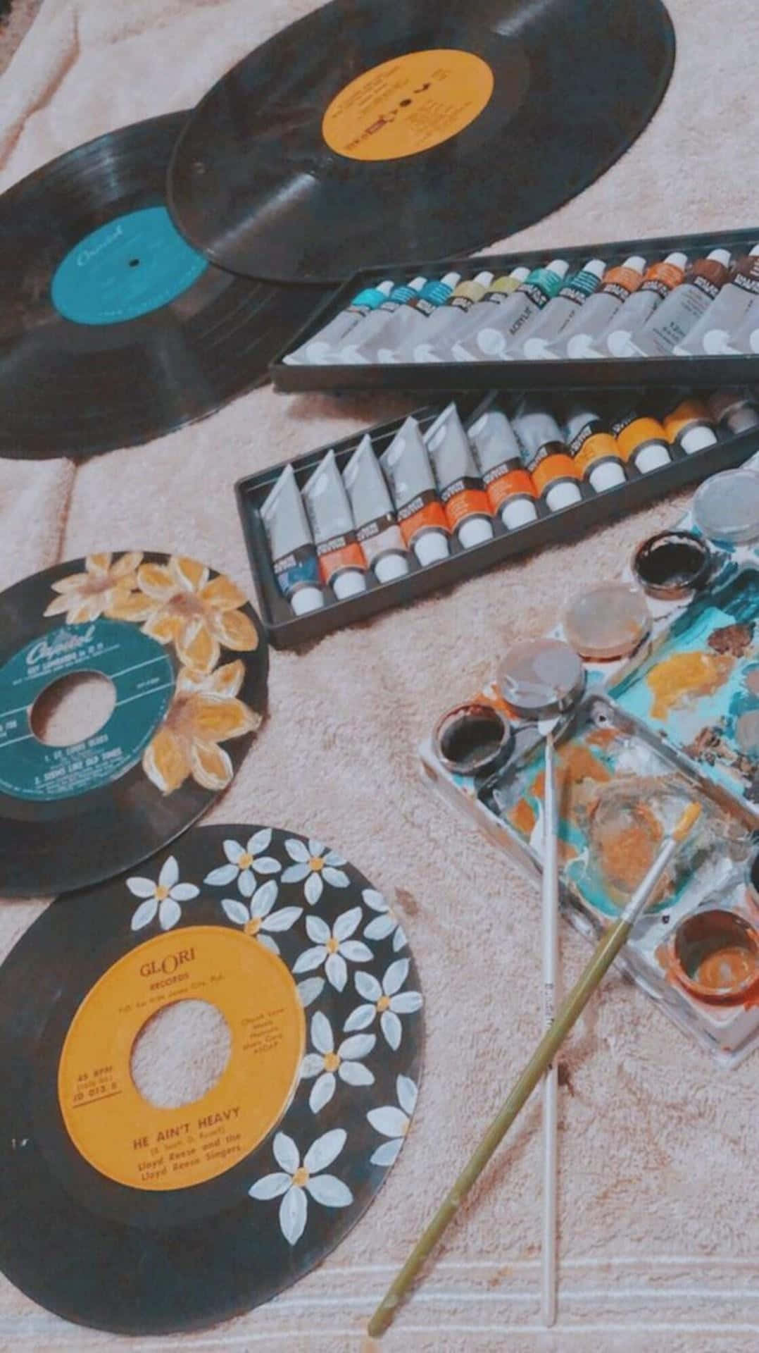 vinyl record, paint tubes, textured beige towel, Full HD Phone Wallpaper