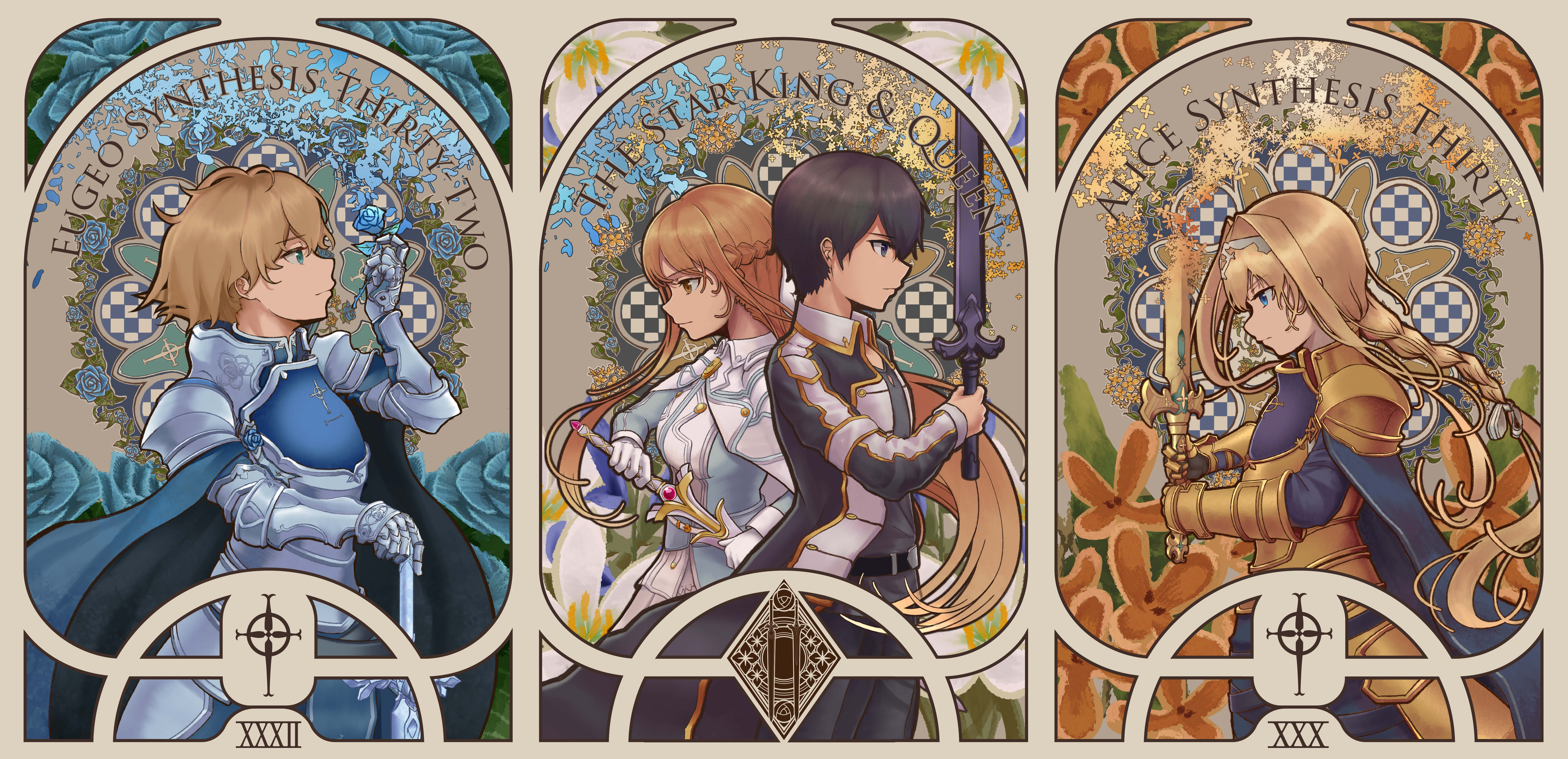 art nouveau, anime-style characters, ornate card frames, 5K Desktop Wallpaper