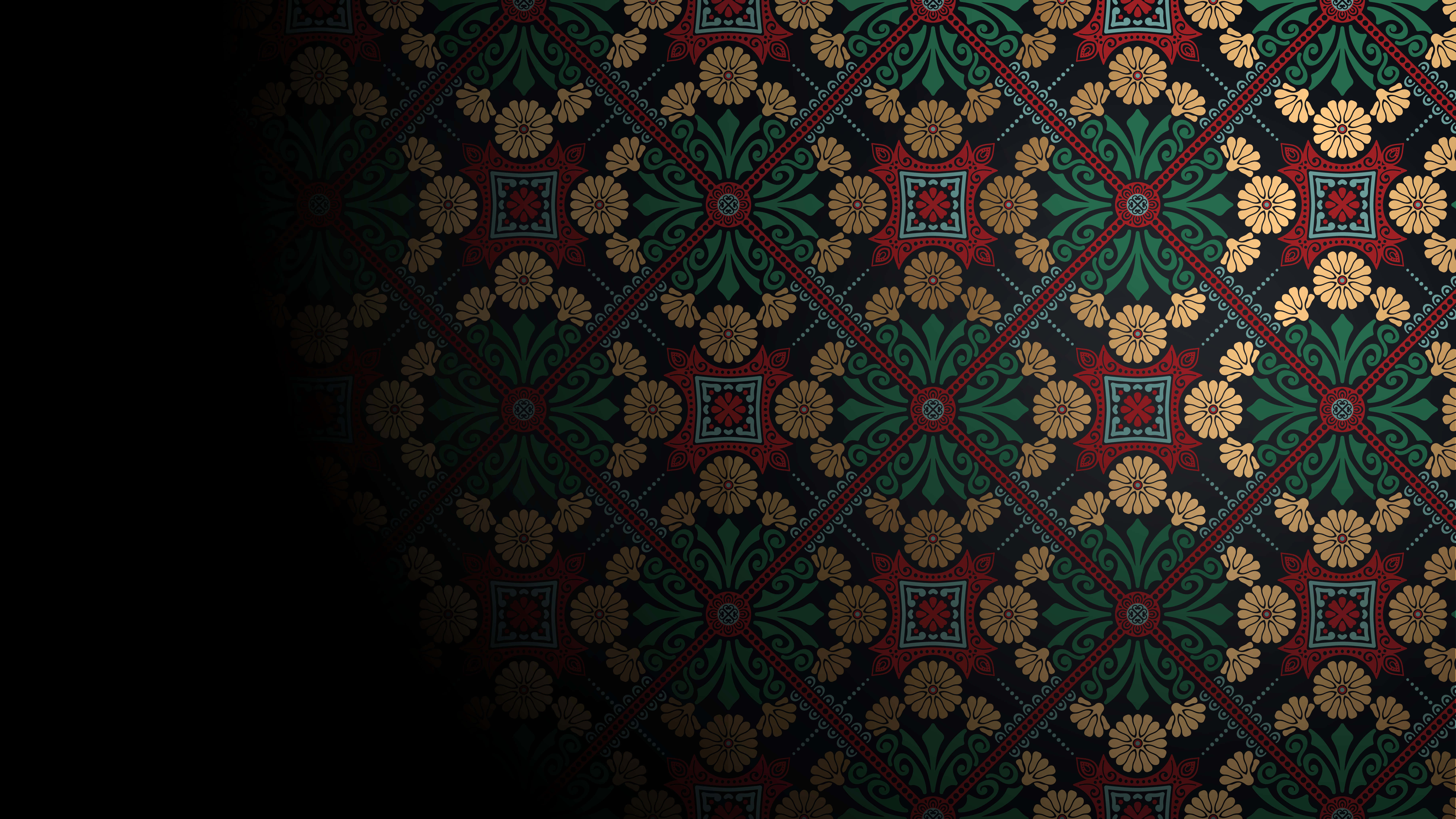 Art Nouveau, black background, red and green designs, 8K Desktop Wallpaper