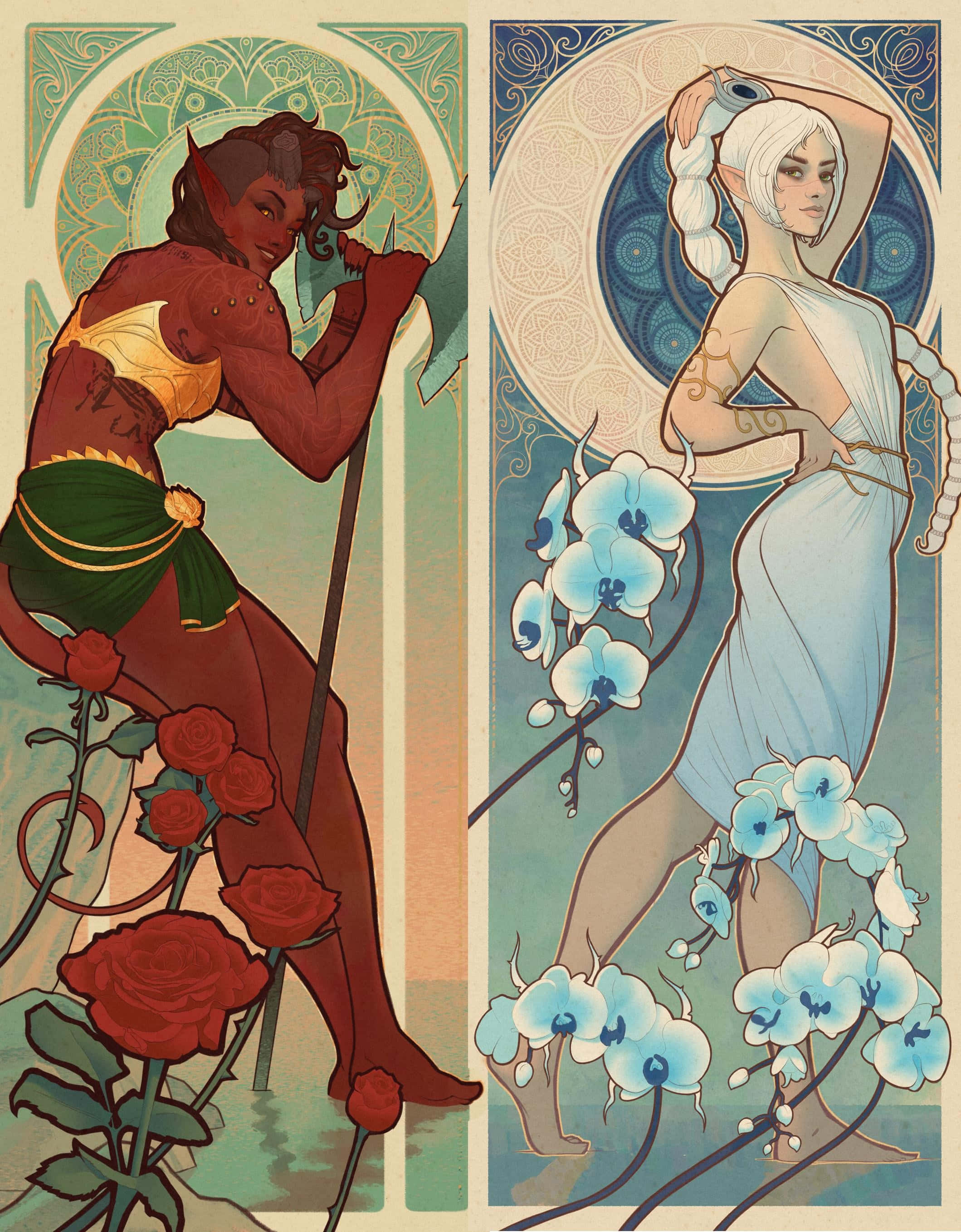 Art Nouveau, red-skinned devil, roses, 2K Phone Wallpaper