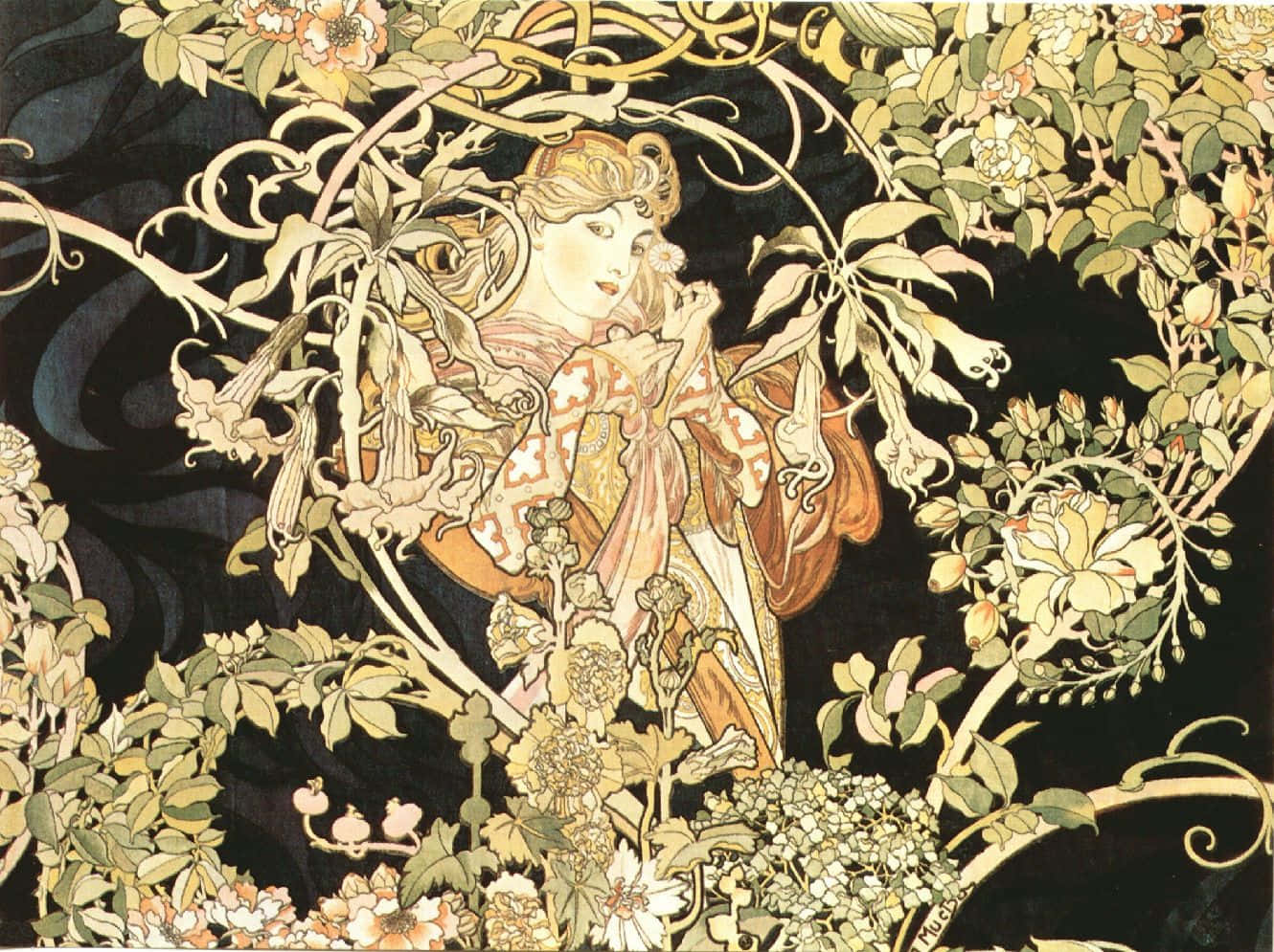 Art Nouveau, woman, garden, HD Desktop Wallpaper