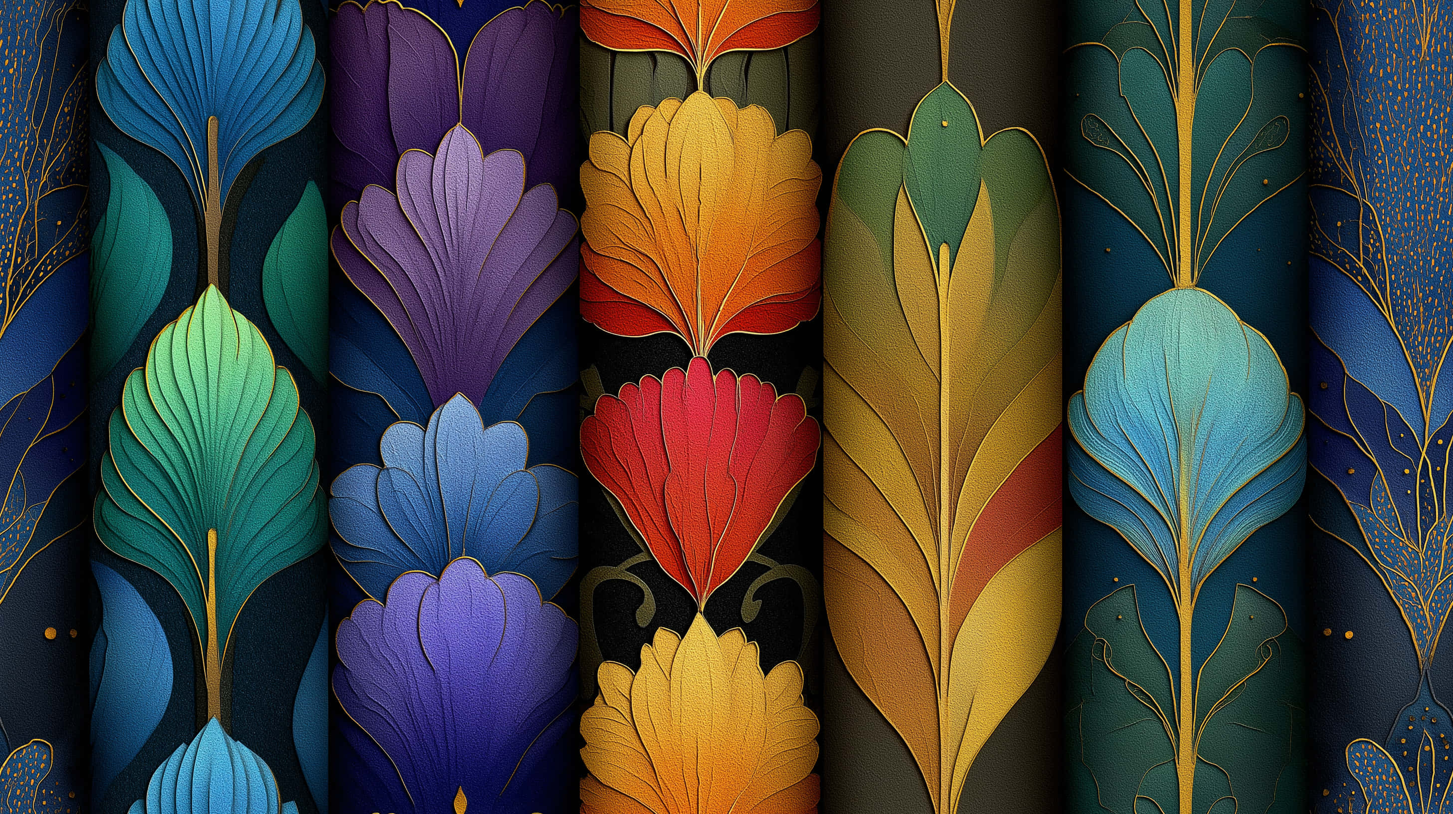 Art Nouveau, floral columns, ornate gold details, 2K Desktop Wallpaper