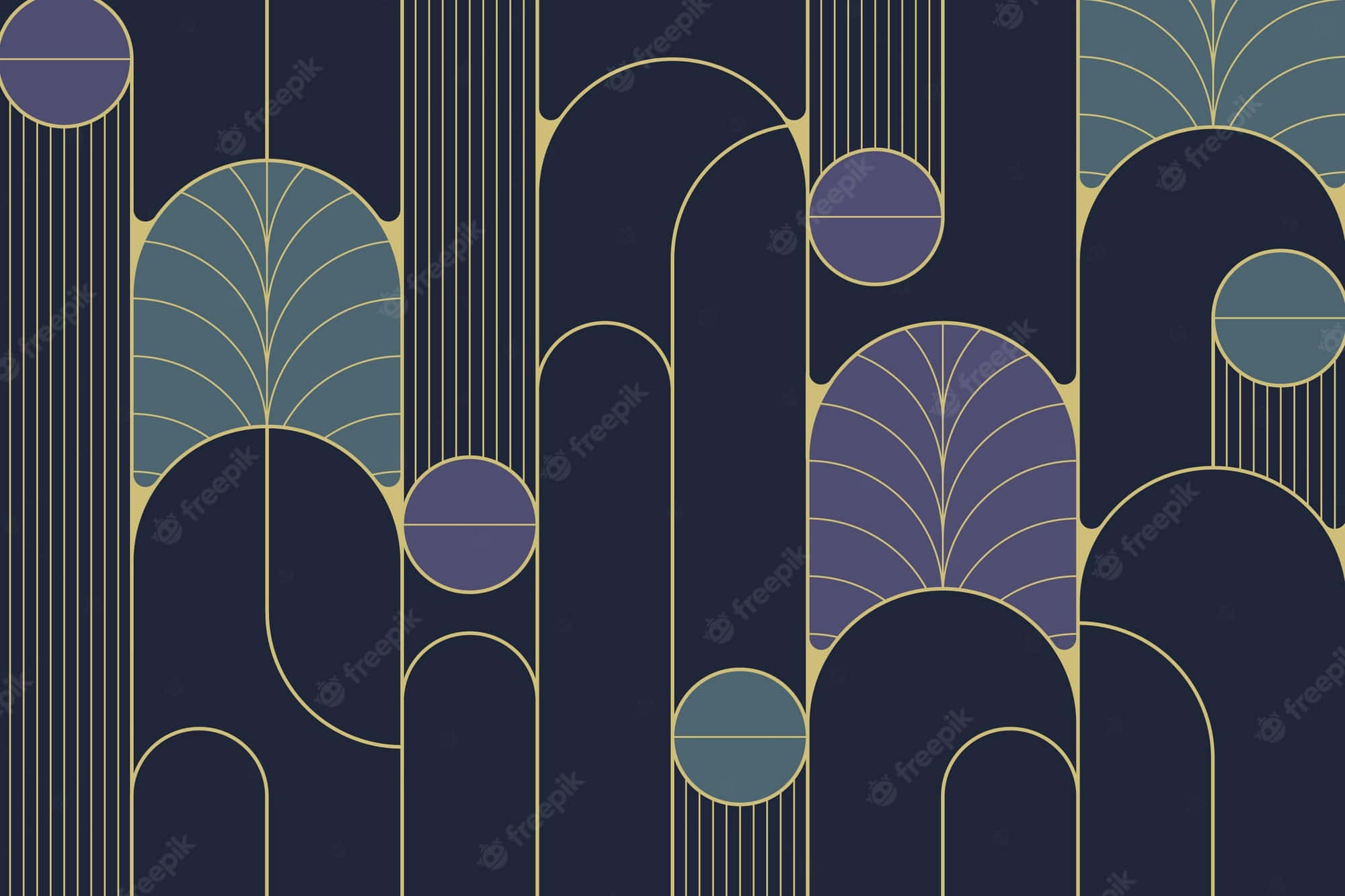 Art Nouveau, gold lines, teal purple shapes, Full HD Desktop Wallpaper