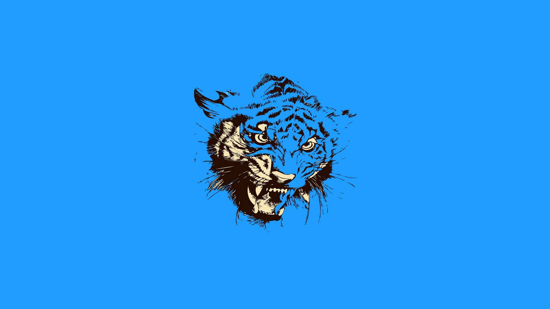 tiger, black and white strokes, solid blue background, Full HD Desktop Wallpaper