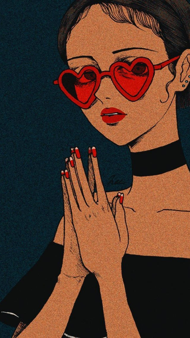 red heart sunglasses, stylized woman, deep blue textured background, SD Phone Wallpaper