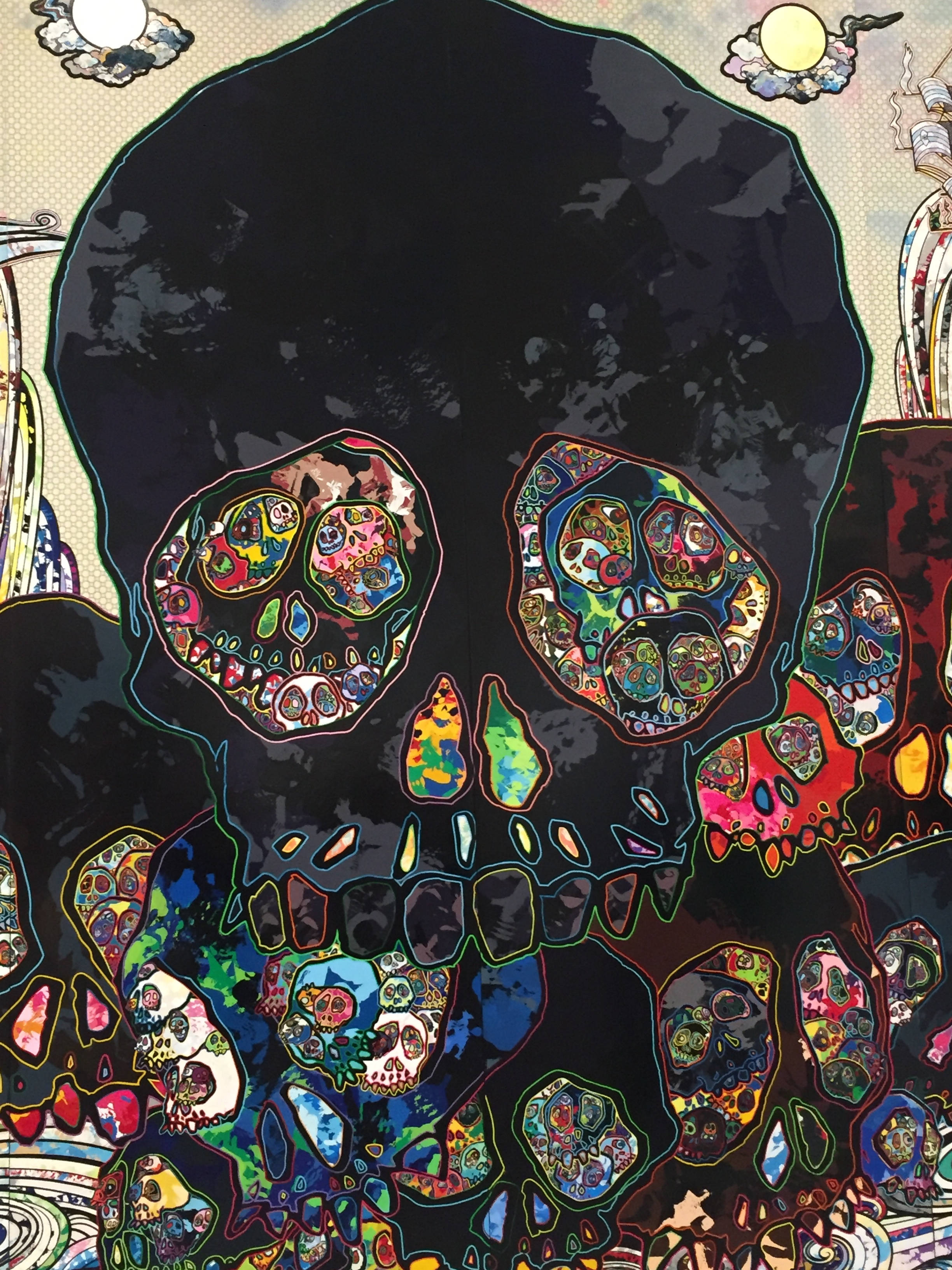 black skull, colorful mosaic sugar skulls, eye sockets, 2K Phone Wallpaper