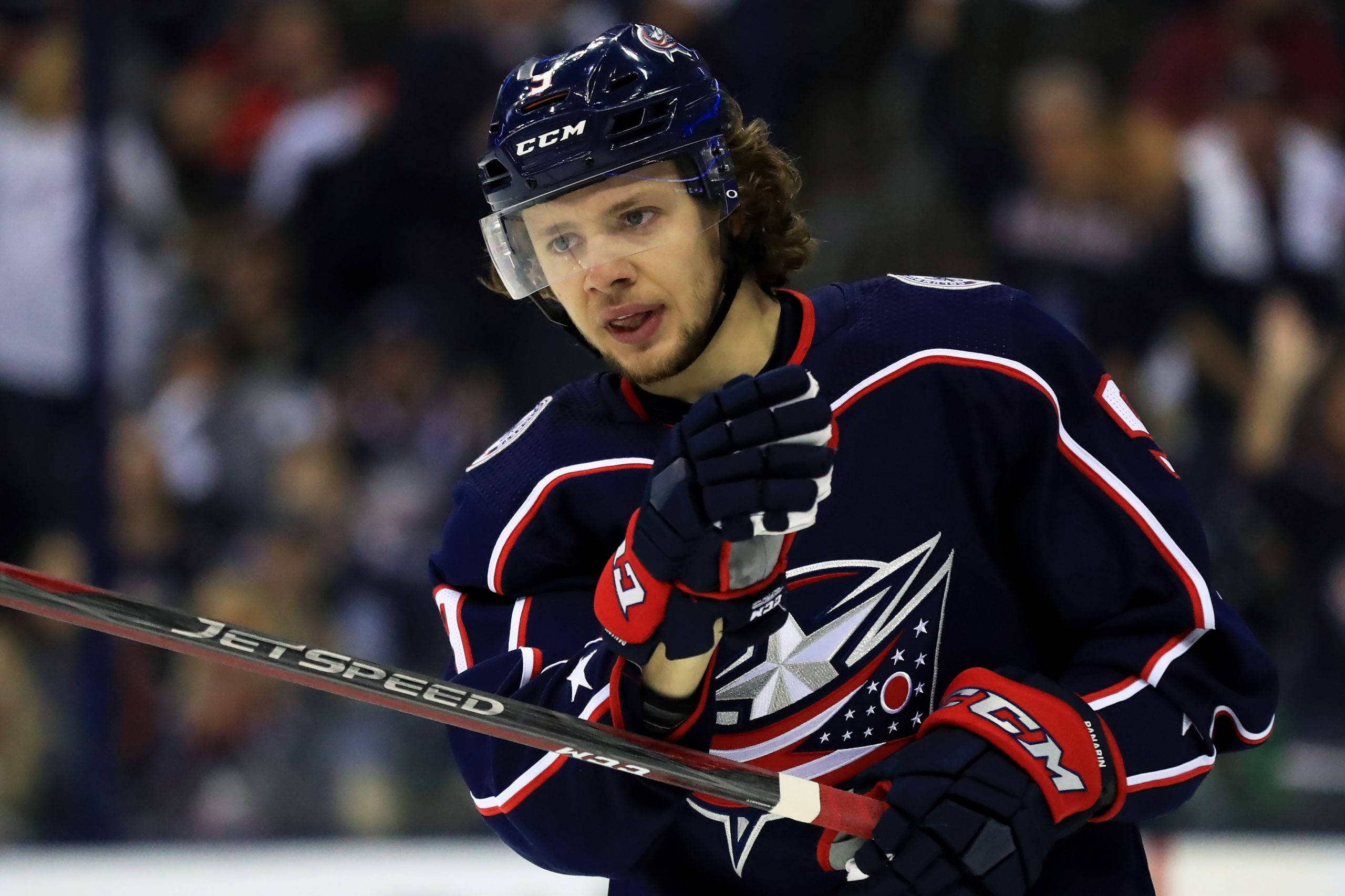 Artemi Panarin, hockey stick, dark blue uniform, 2K Desktop Wallpaper