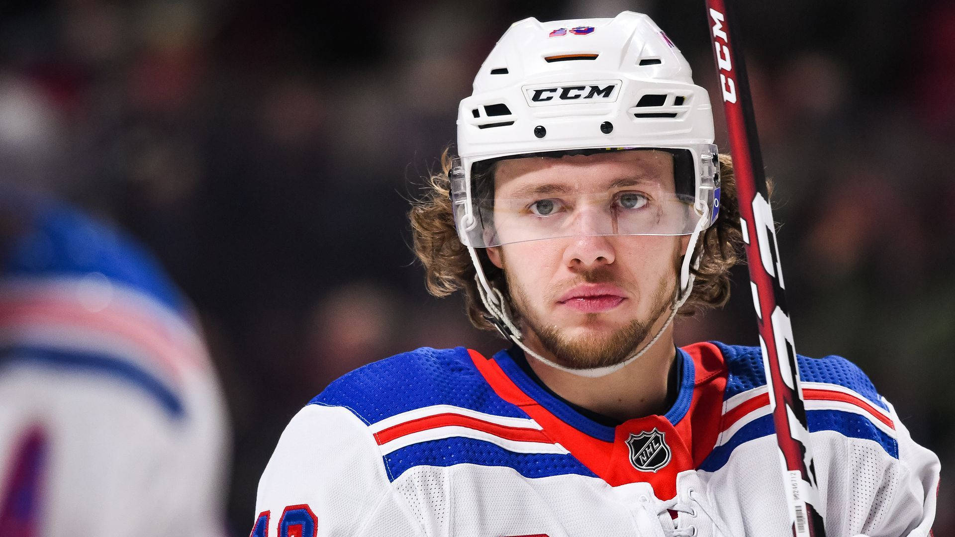 Artemi Panarin, white blue and red uniform, bright arena lights, Full HD Desktop Wallpaper