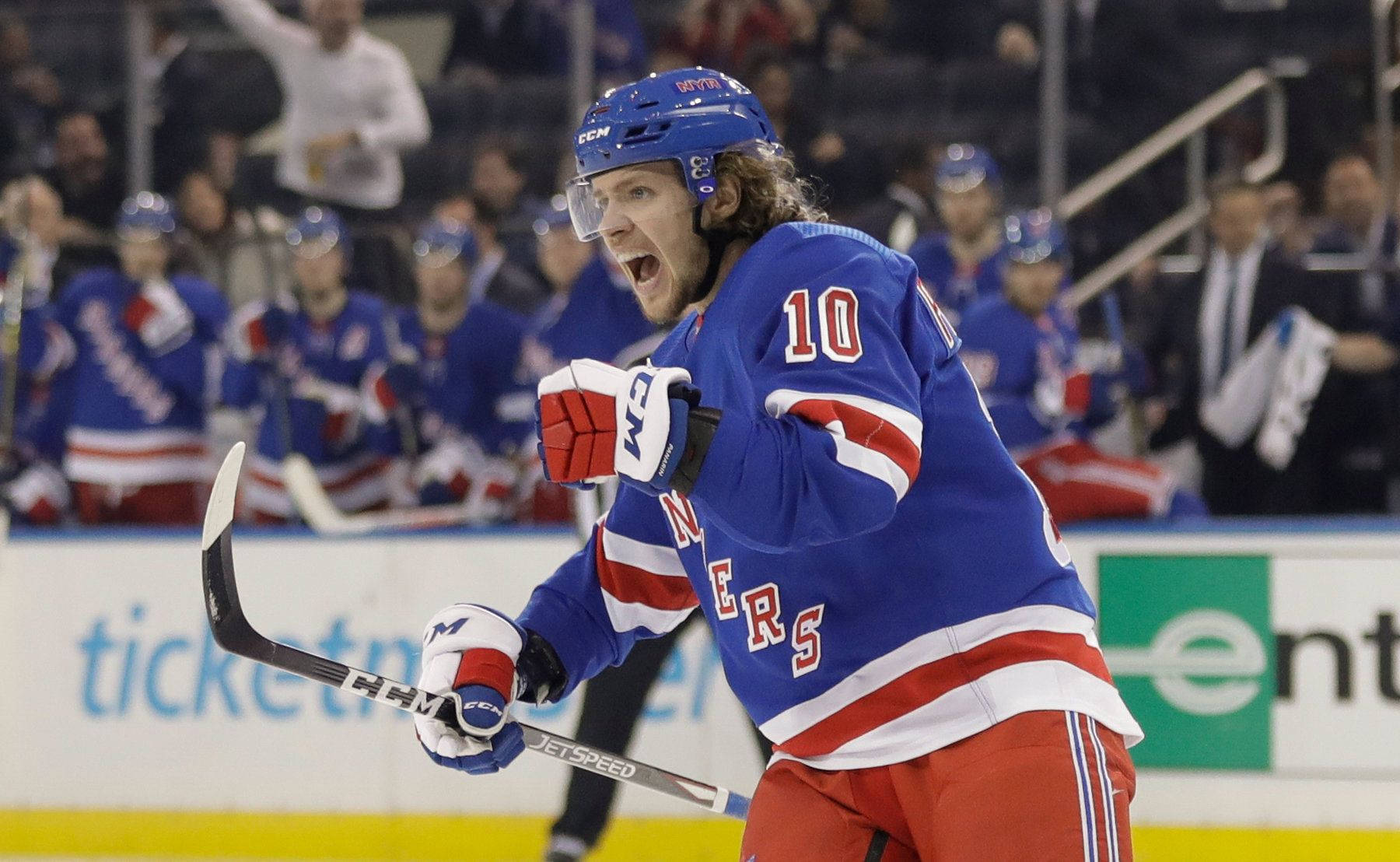 Artemi Panarin, blue and red Rangers jersey, hockey player, HD Desktop Wallpaper