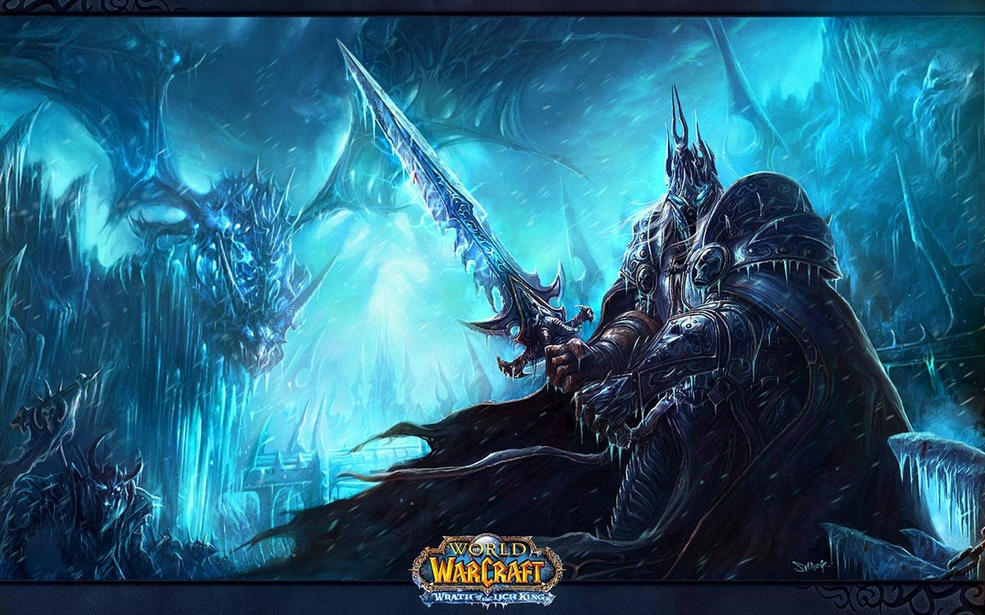 Arthas Menethil, glowing sword, icy blue ruins, Full HD Desktop Wallpaper