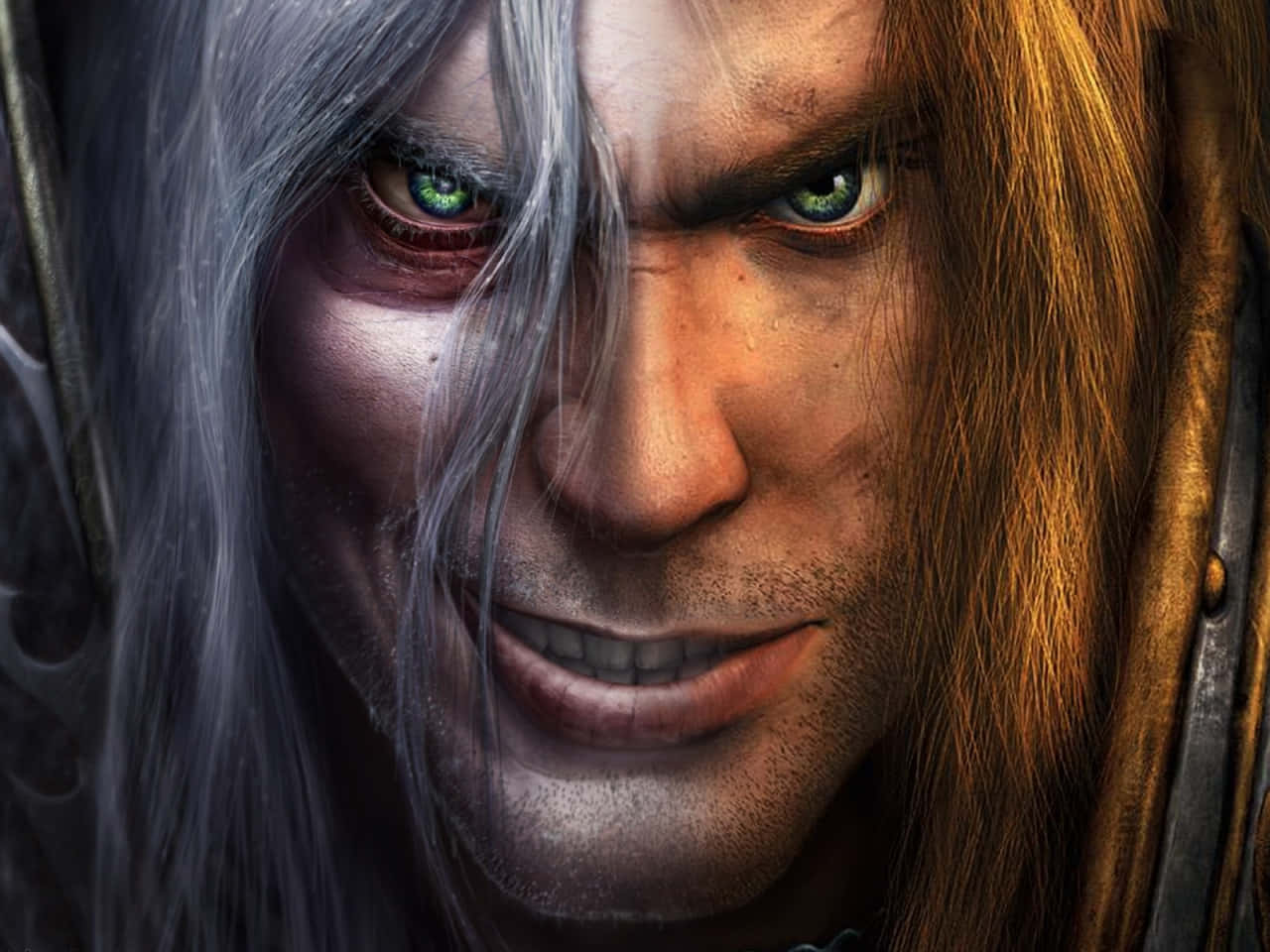 Arthas Menethil, glowing green eyes, long silver and brown hair, HD Desktop Wallpaper