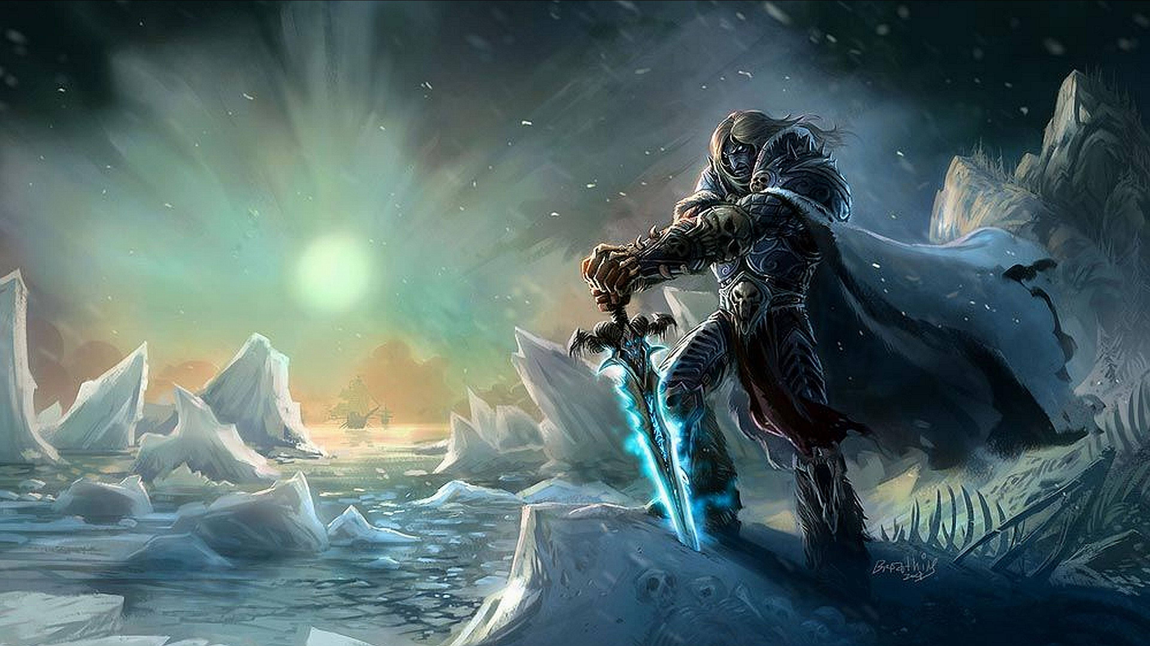 Arthas Menethil, glowing blue sword, green aurora, 4K Desktop Wallpaper